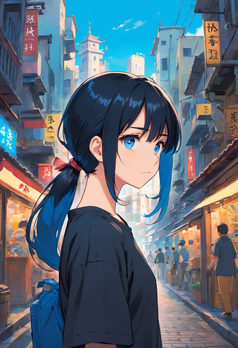 black colored hair,Single ponytail hairstyle,blue color eyes,black t-shirts,busy cityscape,Youth Men,Depressed expression