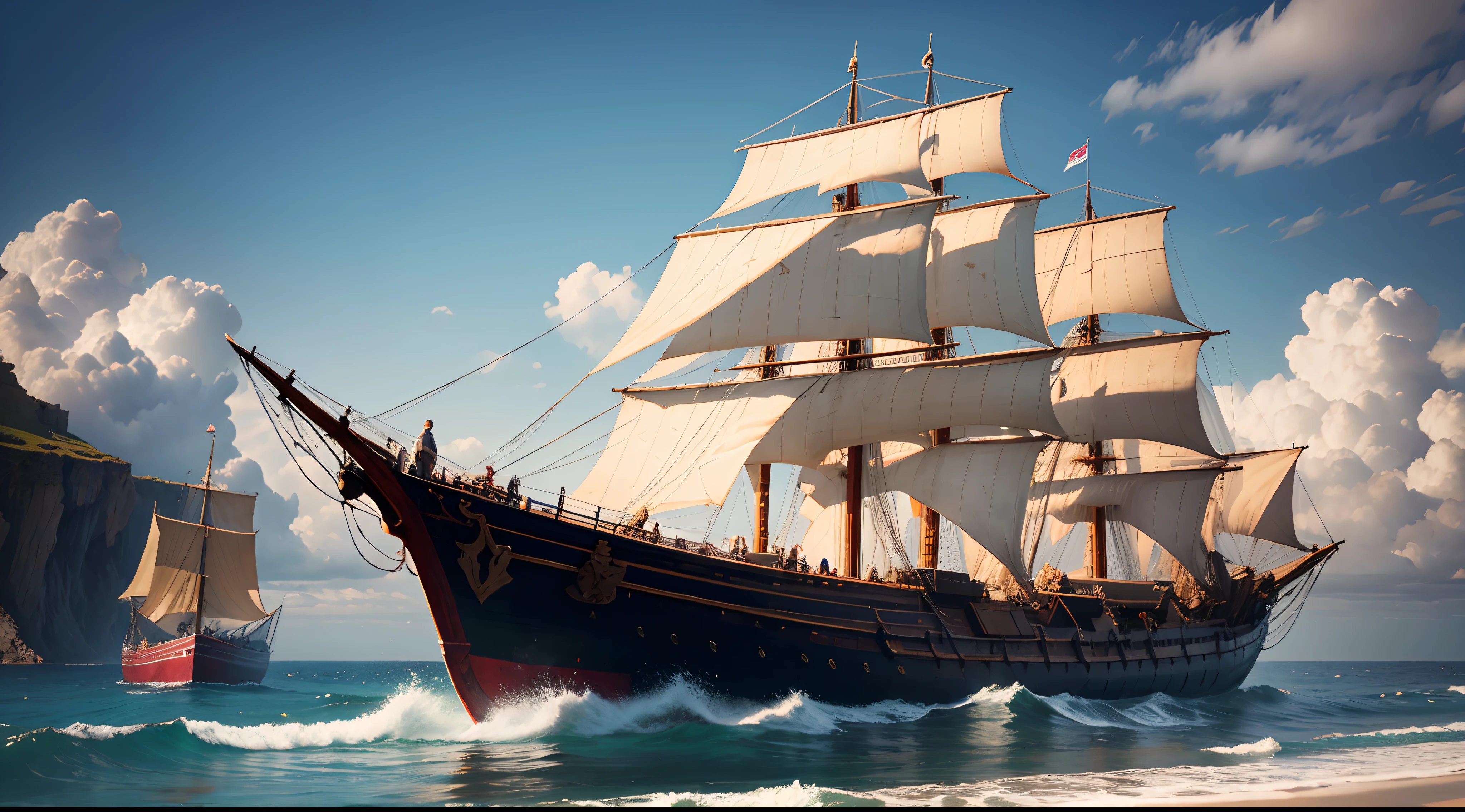 Spanish medieval ship anchored on a shore, crew disembarking, realistic image