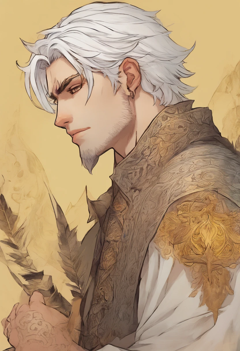 YOUNG MAN WITH STRAIGHT WHITE HAIR WITH YELLOW EYES WITH TATTOOS OF WRITING IN PORTUGUESE AND SUMERIAN BY THE BODY. PALAVRAS E FRASES COMO "INFERNO", "PESADELO", "MORTE", "ERA UMA VEZ", "FIM" TATUADAS PELO CORPO INTEIRO
