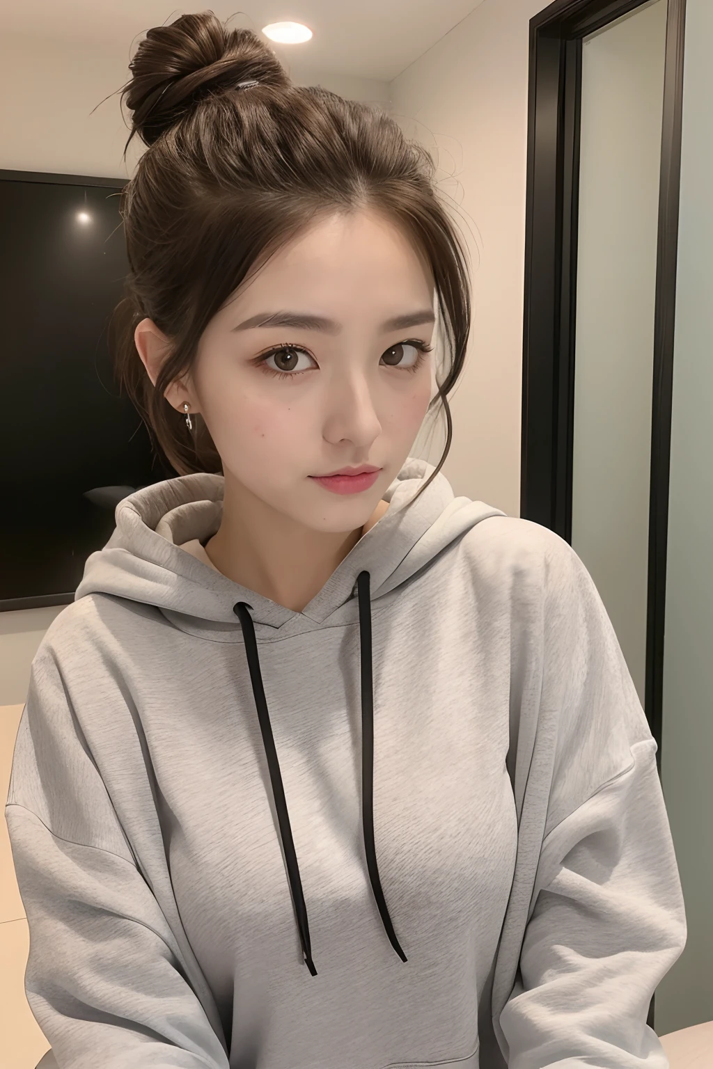 ((Best picture quality, 8K, tmasterpiece:1.3)), 1girll, Bea utiful woman with slender abs:1.3, (Casual hairstyle in bun, big breasts:1.1), crop hoodie :1.1, Ultra-fine face, A detailed eye, _I*sit, ssmil e, Home, adolable, parted lip, japanese girl, a bab
