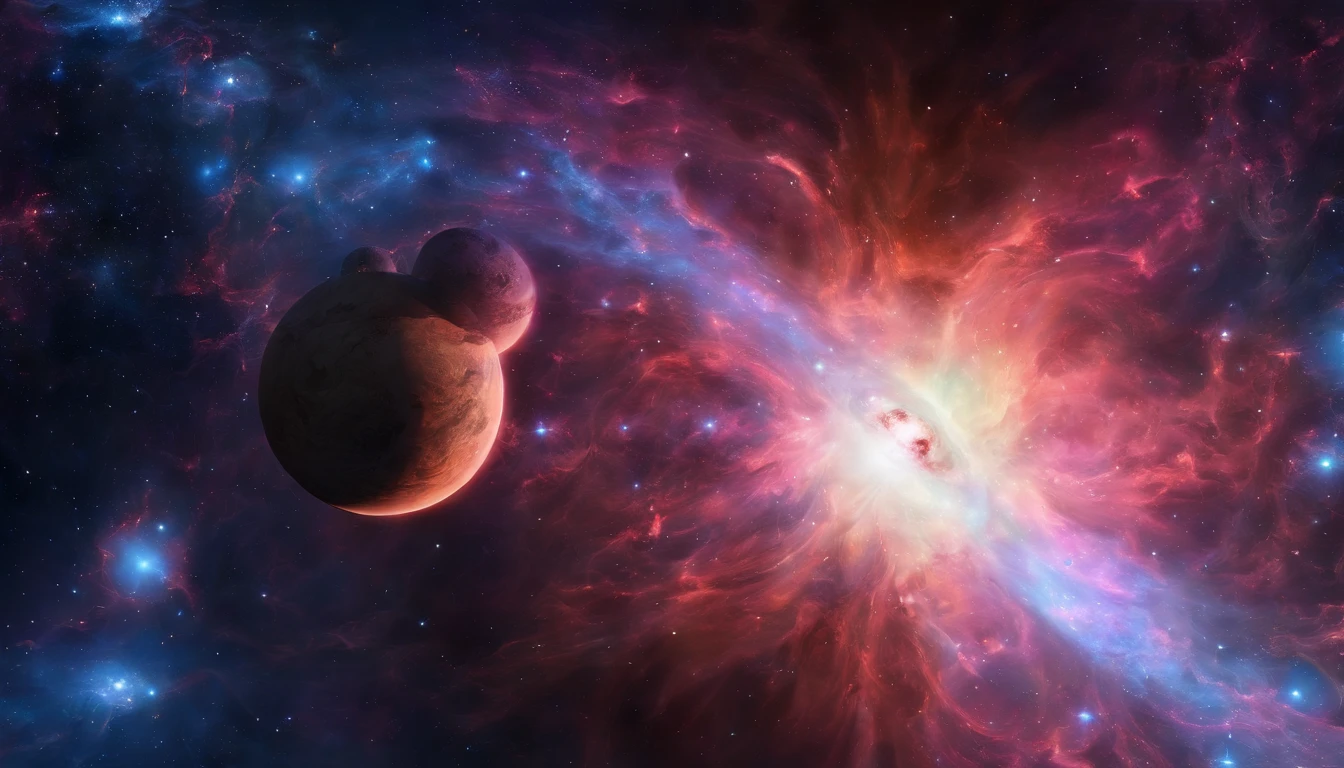 Cosmic titan emerging from nebulae in outer space and rising above the horizon,(melhor qualidade,4k,8k,Altas,master part:1.2),ultra-detalhado,(Realistic,fotorrealista,photo-realistic:1.37),Dreamlike nebulae,A majestic cosmic titan with immense power emerges from colorful, spinning nebulae deep in outer space. Its massive shape glows with vibrant colors and is surrounded by strands of stardust. The titan rises above the horizon, casting a soft glow as he ascends the celestial expanse. Rays of light pass through the cosmic atmosphere, Illuminating the intricate and detailed features of the Titan. Seus olhos, Profundo e misterioso, transmitem sabedoria antiga enquanto olham para o cosmos infinito. The titan's muscular and inspiring physique exudes strength and dominance, reflecting its cosmic origins. As he stretches out his colossal arms, Celestial energy snaps and dances around your fingertips, radiating power and energy. As nebulosas circundantes continuam a girar, Creating a mesmerizing display of cosmic beauty. The overall scene is bathed in a surreal and ethereal atmosphere, Increasing the dreamlike quality of the emergence of the cosmic titan. As cores mudam e se misturam harmoniosamente, creating a captivating palette of cosmic tones. Lighting accentuates the shape of the titan, highlighting every intricate detail and creating a sense of depth and dimension. The interaction between light and shadow further enhances the realism and depth of the composition. This work of art is a masterpiece of cosmic art, Capturing the grandeur and majesty of the cosmic titan as it emerges from the nebulae and ascends to new celestial heights.