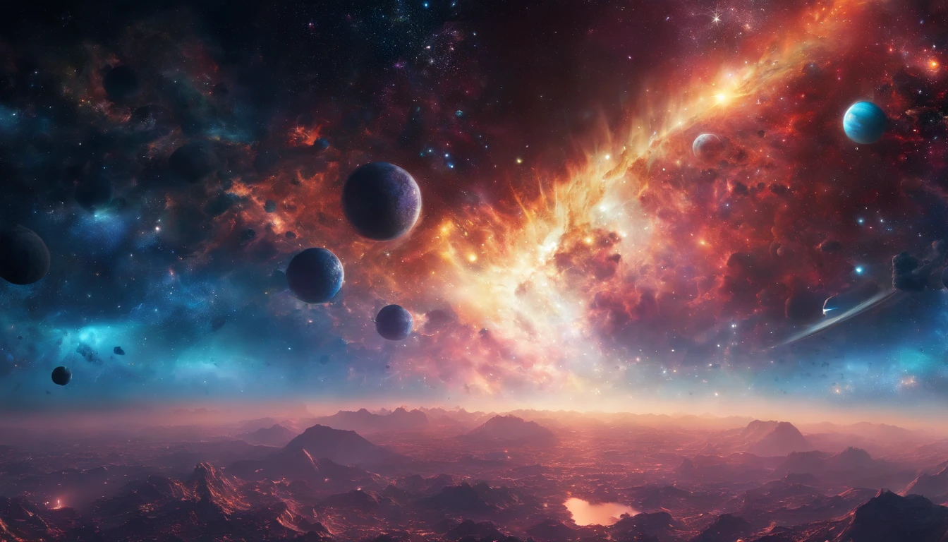 Cosmic titan emerging from nebulae in outer space and rising above the horizon,(melhor qualidade,4k,8k,Altas,master part:1.2),ultra-detalhado,(Realistic,fotorrealista,photo-realistic:1.37),Dreamlike nebulae,A majestic cosmic titan with immense power emerges from colorful, spinning nebulae deep in outer space. Its massive shape glows with vibrant colors and is surrounded by strands of stardust. The titan rises above the horizon, casting a soft glow as he ascends the celestial expanse. Rays of light pass through the cosmic atmosphere, Illuminating the intricate and detailed features of the Titan. Seus olhos, Profundo e misterioso, transmitem sabedoria antiga enquanto olham para o cosmos infinito. The titan's muscular and inspiring physique exudes strength and dominance, reflecting its cosmic origins. As he stretches out his colossal arms, Celestial energy snaps and dances around your fingertips, radiating power and energy. As nebulosas circundantes continuam a girar, Creating a mesmerizing display of cosmic beauty. The overall scene is bathed in a surreal and ethereal atmosphere, Increasing the dreamlike quality of the emergence of the cosmic titan. As cores mudam e se misturam harmoniosamente, creating a captivating palette of cosmic tones. Lighting accentuates the shape of the titan, highlighting every intricate detail and creating a sense of depth and dimension. The interaction between light and shadow further enhances the realism and depth of the composition. This work of art is a masterpiece of cosmic art, Capturing the grandeur and majesty of the cosmic titan as it emerges from the nebulae and ascends to new celestial heights.