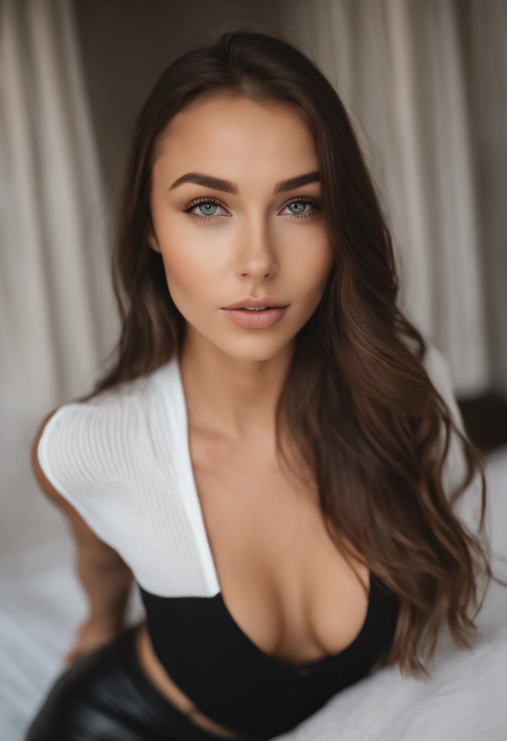 arafed woman with a white tank top and a necklace, sexy girl with green eyes, portrait sophie mudd, brown hair and large eyes, selfie of a young woman, bedroom eyes, violet myers, without makeup, natural makeup, looking directly at the camera, face with artgram, subtle makeup, stunning full body shot, piercing green eyes, beautiful angle, attractive pose, cute girl, sexy pose, full body picture, full body, full body shoot, brunette goddess, high detail, satisfied pose, leather pants