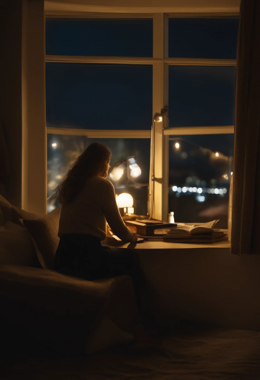 beautiful teenager in her room in the city waring earpads studding a book computer infront stars in window at night time hyper realistic,8k,ultra detailed hd,pixar style,high definition,16:9