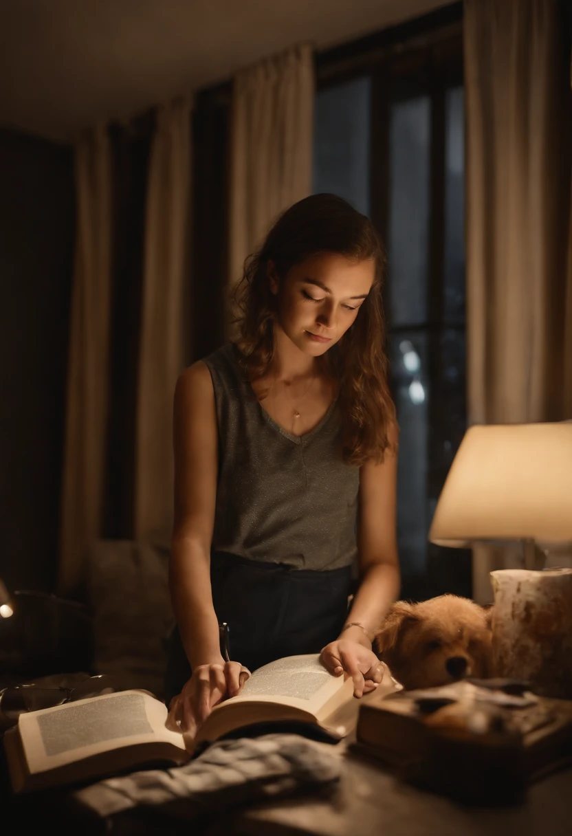 beautiful teenager in her room in the city waring earpads studding a book computer infront stars in window at night time hyper realistic,8k,ultra detailed hd,pixar style,high definition,16:9