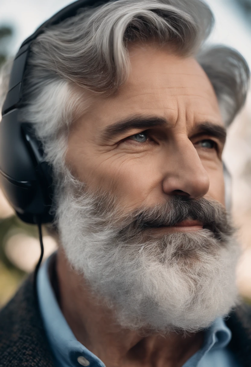 (best quality,highres),portrait of a gray-haired father with a grizzled beard, side profile portrait, using AirPods, wireless headphones