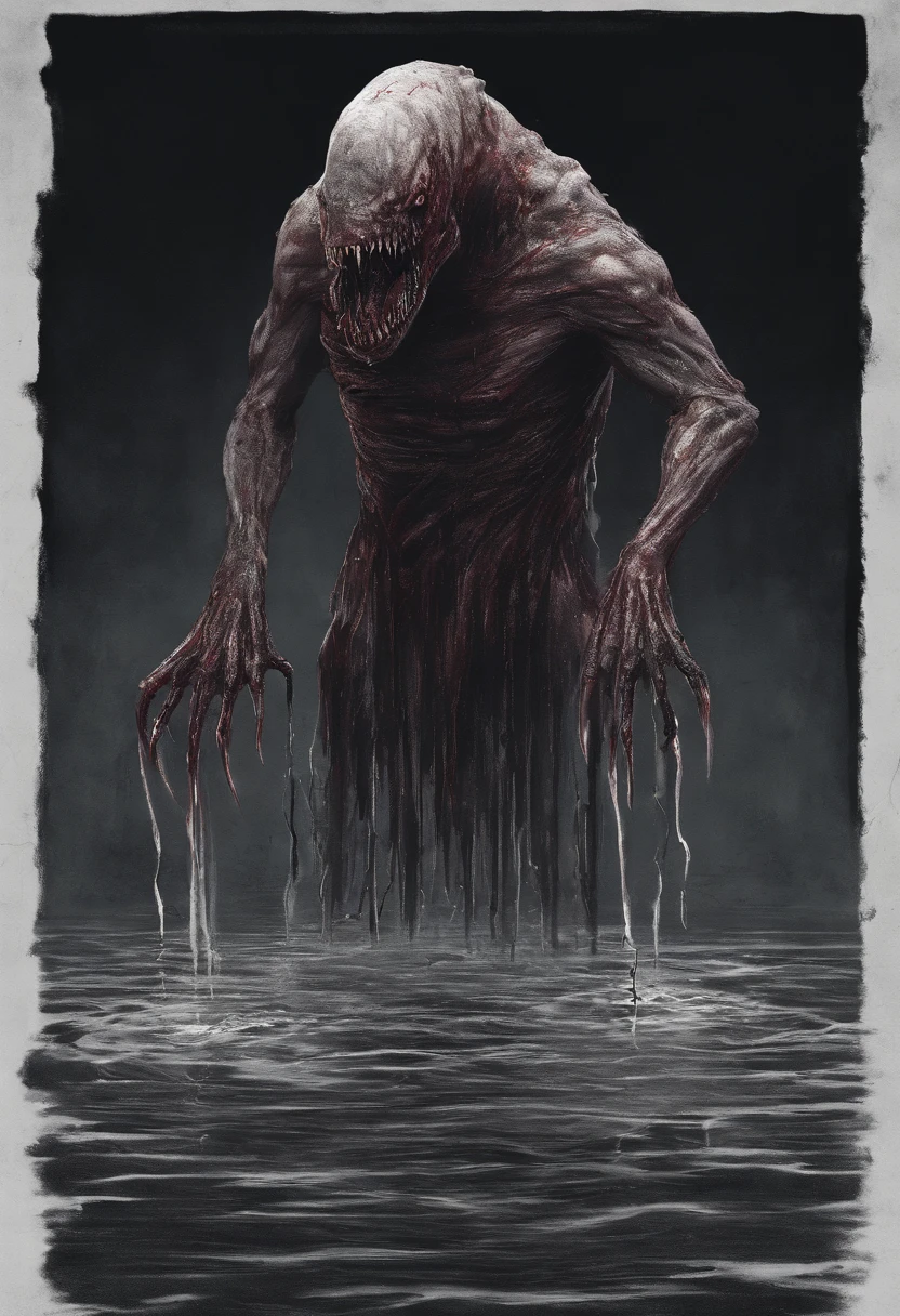 MONSTER MADE OF BLOOD BEING A PUDDLE FROM THE WAIST DOWN AND HAS THE HEAD SHAPED LIKE A HAMMERHEAD SHARK AND IN PLACE OF THE ARMS HE HAS A CLENCHED BLADE.