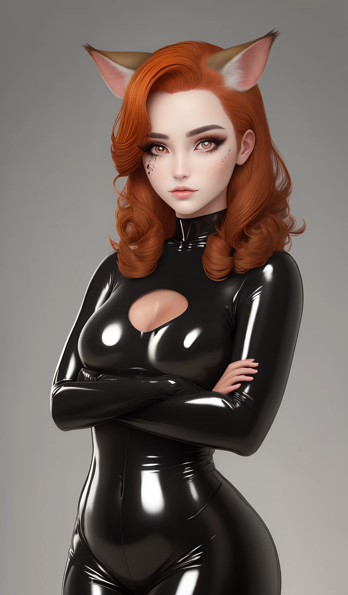 Ruiva, pallor, olhos castanhos, com mascara no rosto de latex, orelha de gato, roupa completa de latex.