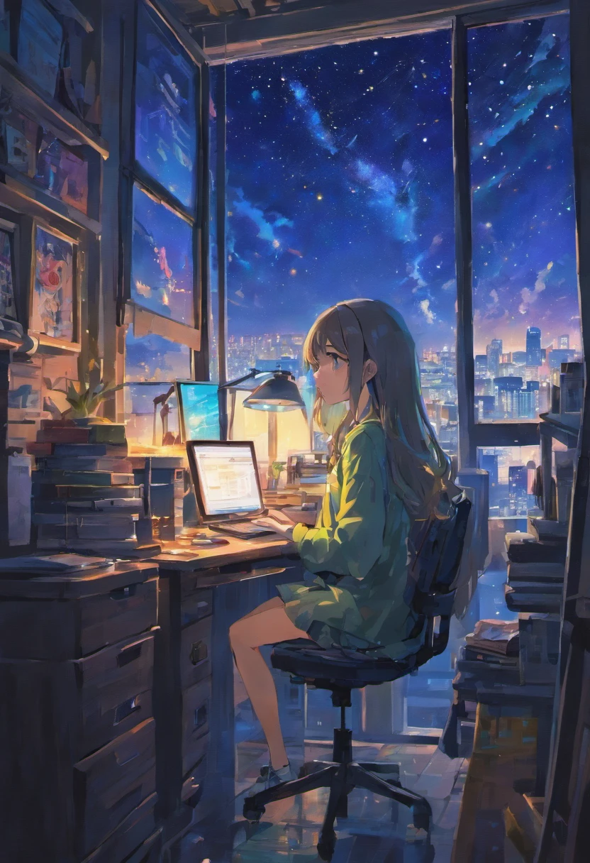 beautiful teenager in her room in the city waring earpads studding a book computer infront stars in window at night time hyper realistic,8k,ultra detailed hd,pixar style,high definition,16:9