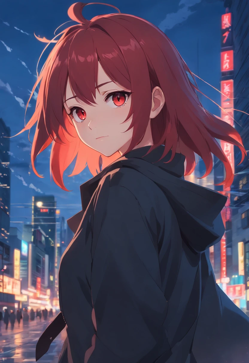anime girl, Vermilion hair, red-eyes, Black clothes