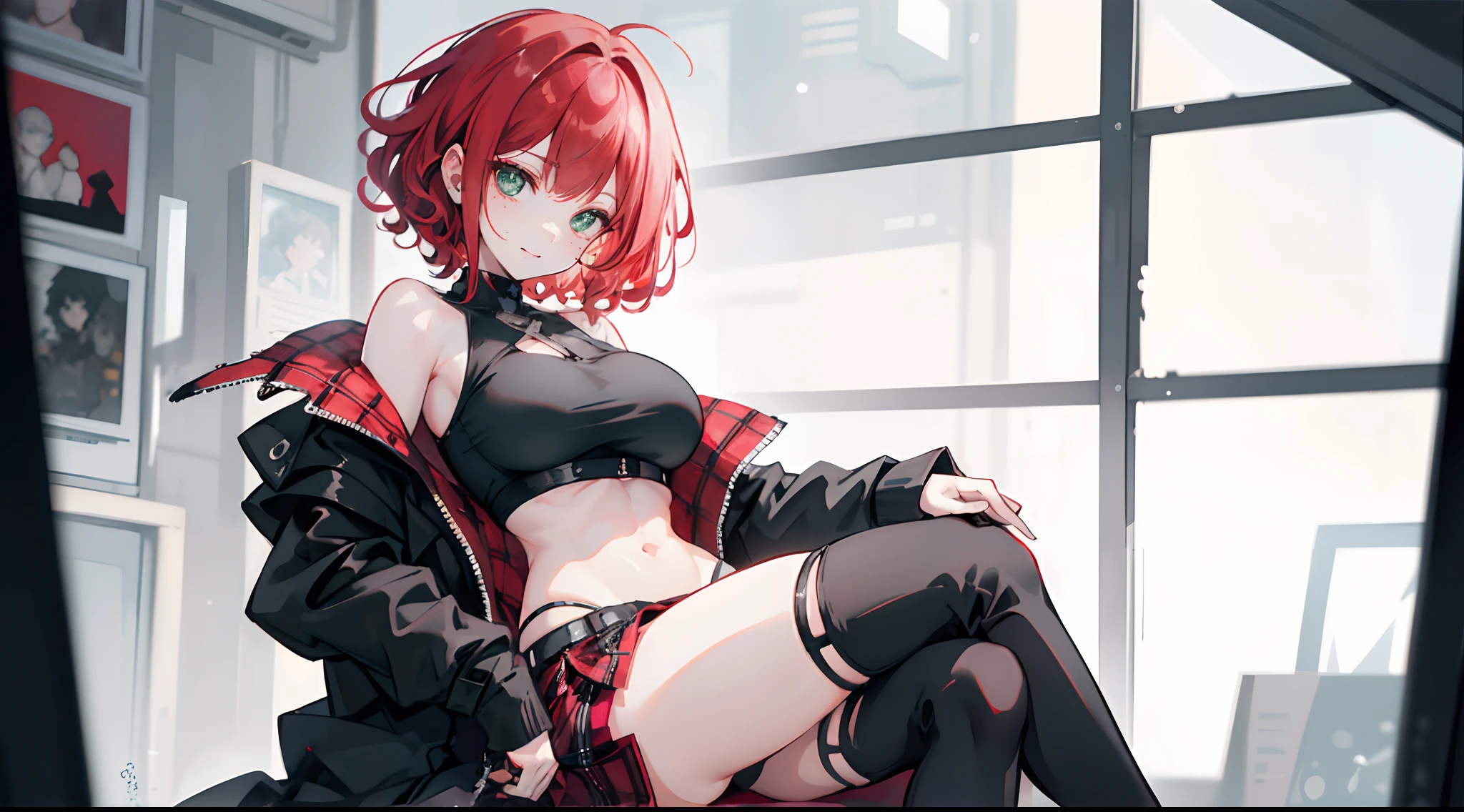 1girl, curly red pixie cut hair, green eyes, wearing crop top black shirt, red plaid skirt, black knee high boots, thigh high socks, black fingerless gloves, jacket, exposed shoulders, thick thighs, full body, large breasts, freckles, abs, boob window, crossing legs, masterpiece, looking at viewer