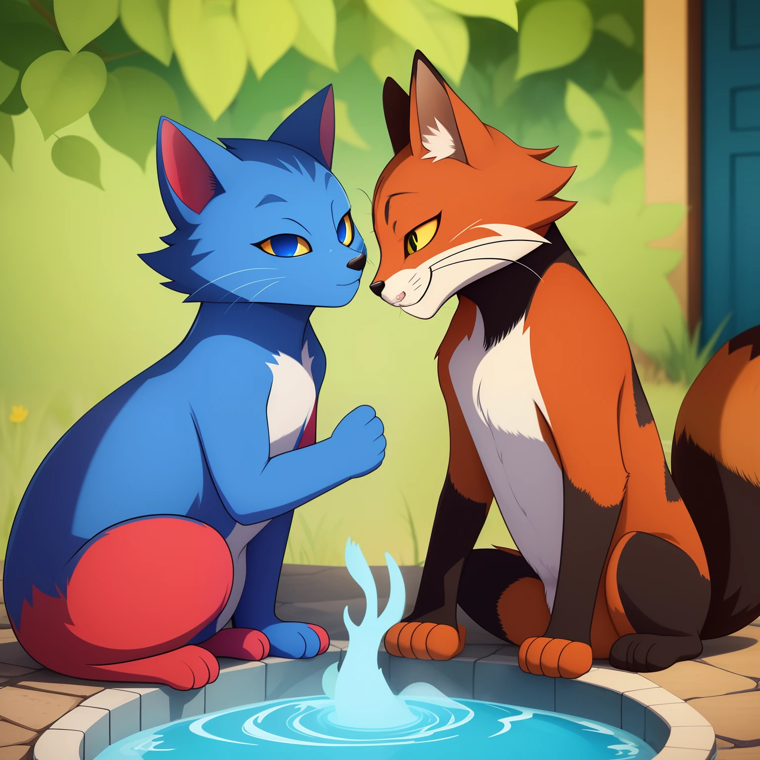 Red fox and blue cat having a purification session, cartoon, 1:1, rap studios