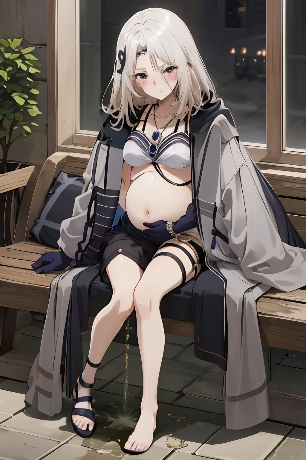 masterpiece, Best quality, 1girl, anime girl, gray robe, tattered edges, white bikini top, black short pants with gold accessories, leg stocking on her right leg from just above the ankle to the middle of her thigh, while her left leg is bare save for two straps, black gloves, jewel-adorned hairband, a necklace with what appears to be a sapphire, Pregnant, (a girl is peeing:1.7), amniotic fluid, blushing, heavy breath, in pain, kneel down, mediaval age road