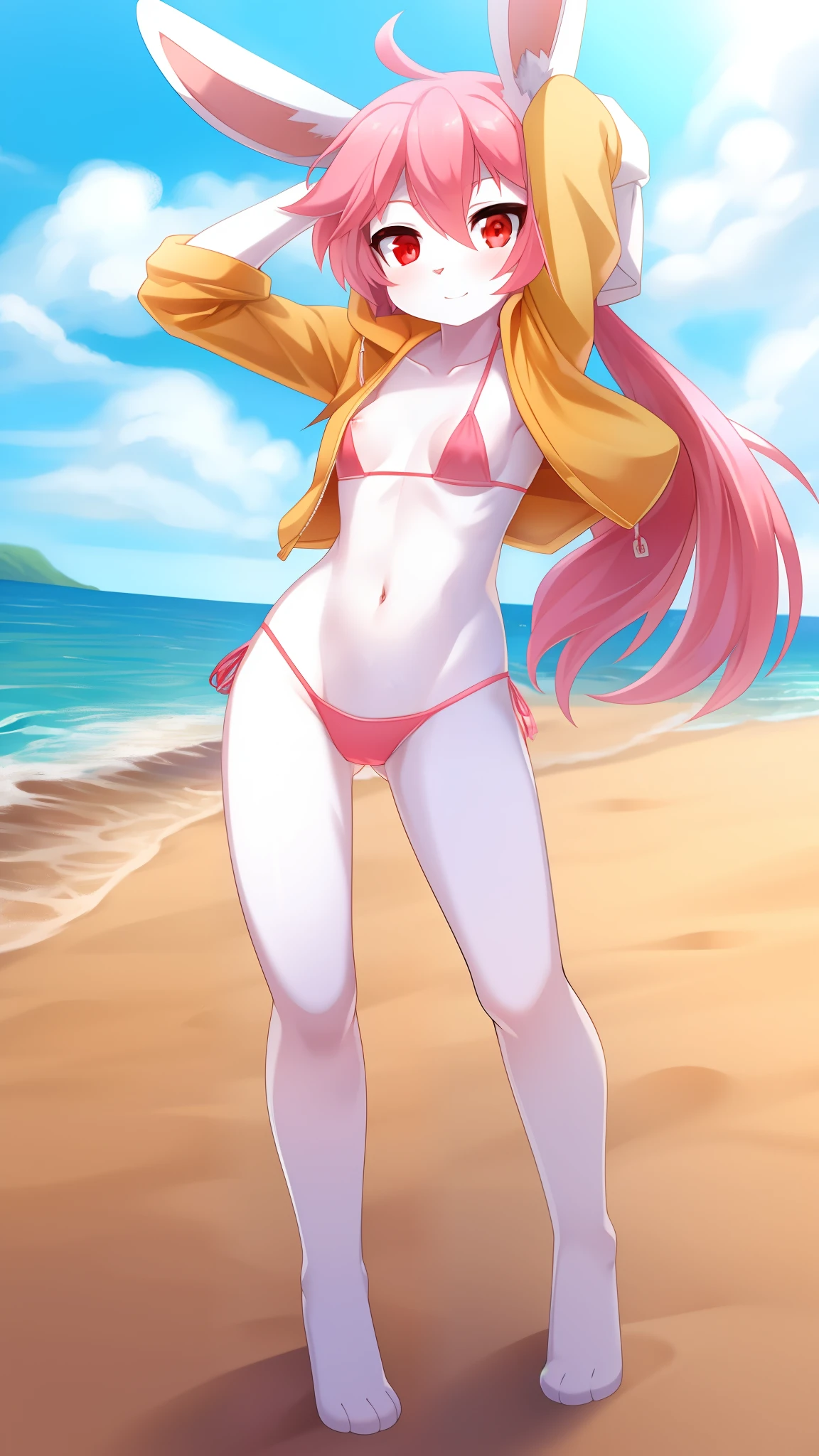 furry girl, young, rabbit, pink hair, emo hairstyle, long ponytail, anime style, flat chest, small breasts, red eyes, yellow hoodie jacket sleeveless, open clothes, pink bikini, beach, clear sky, high quality, detailed body, detailed eyes, detailed face, masterpiece, glistening body, detailed body fur, best quality, one tone body fur, white body fur, skinny, :3, rabbit ears, looking at you,