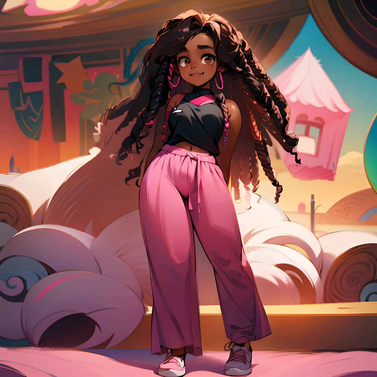 Dyna_Winds, K-pop inspired fancy and cute video scene with a youthful childish looking teengaer cute black dark tan brown skin African American black woman aesthetic in cute clothes long curly hair bubble gum pink cute fluffy pink dress with fluffy sleeves, angelic，music video front shot 中景 the scene is，Full body like， highly detailed surreal vfx，oc rendered，Shot with 70 m, brown eyes