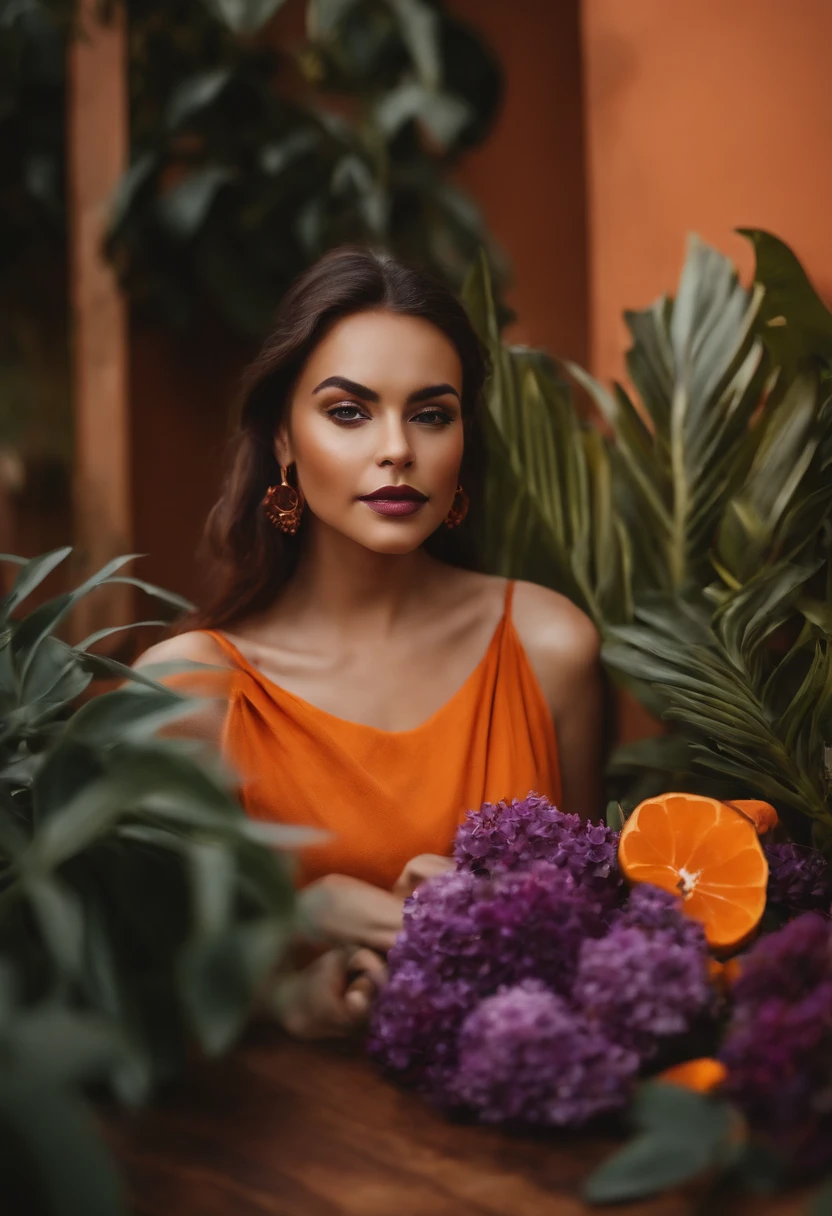 Quadrado realista com design moderno em cores frias e vivas destacando as cores laranja e roxa com estilo de pintura