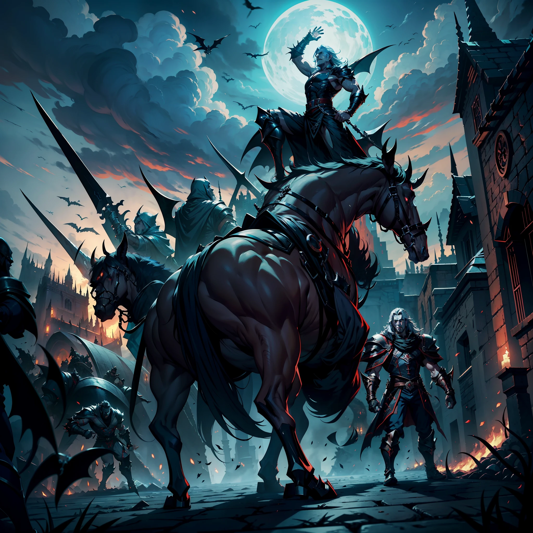 Castlevania Shadow Lord hyper realistic super detailed Lord Dracula handsome muscular wearing angry Islamic armor leading troops army of demons to battle 3points perspective view bottom shot hyper realistic super detailed Dynamic shot Cinematic scenes from the movie Characters