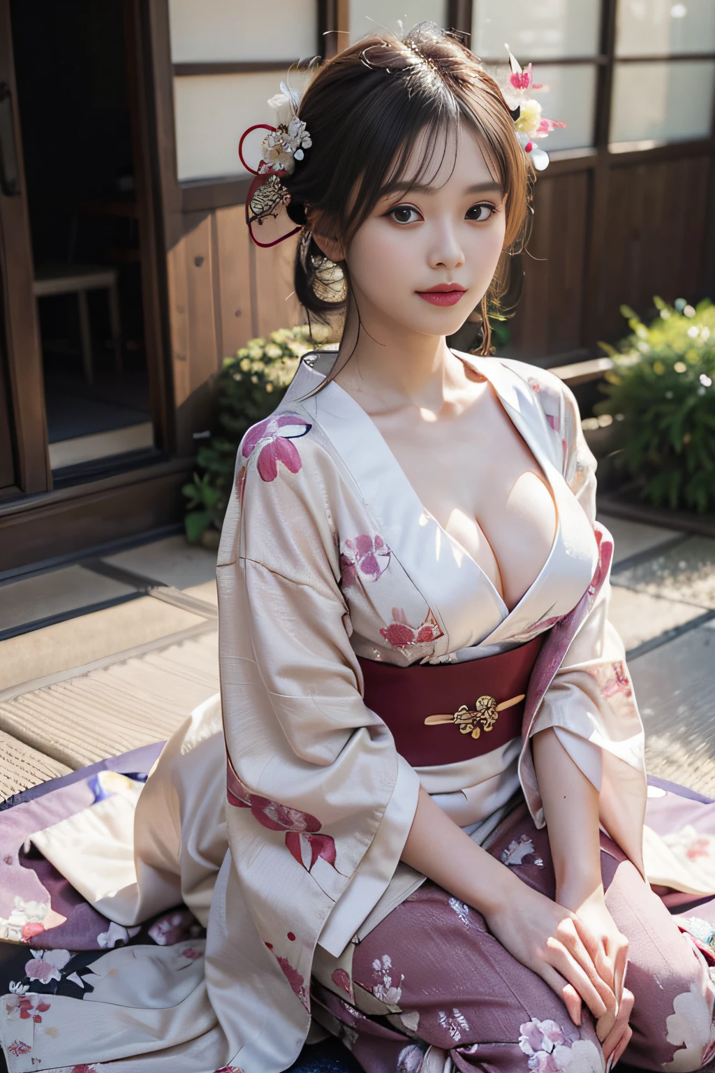 (Photorealsitic:1.4), (Top image quality:1.0), (超A high resolution:1.0), 8K, RAW photography, (tmasterpiece:0.2), (PureErosFace_V1:0.5)、(best quality detail:1.2)、hentail realism、8K Ultra HD、A high resolution、(1girl in:1.2)、The ultra-detailliert、High quality textures、intricately details、detaileds、Very detailed CG、High quality shadows、Detail Beautiful delicate face、Detail Beautiful delicate eyes、depth of fields、Ray traching,1girl in, japanaese girl, Cute, Slender, black kimono, kimono with Japanese pattern,Floral curls, Beautiful skin, facing the front there,Sit down, Sit up straight and say thank you,Align your hands gracefully,A faint smile The land of Japan,Japanese Garden,Deluxe Japanese-style room, skyporn, magic hour, (Realistic:1.3), finely detailed, quality, (masutepiece:1.2), (Photorealistic:1.2), (Best quality), (Intricate details), Dramatic, Ray tracing, photographed, +Lola,big chest, cleavage