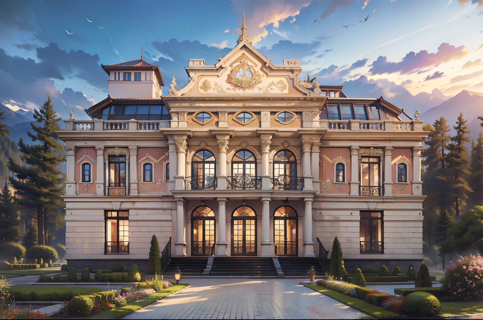 ((realistic: 1.5)),((best quality)), ((masterpiece)),((detailed)),  stylize this three-story building in the style of Jugend architecture, colorful, new private house, daytime, spring --ar 3:2