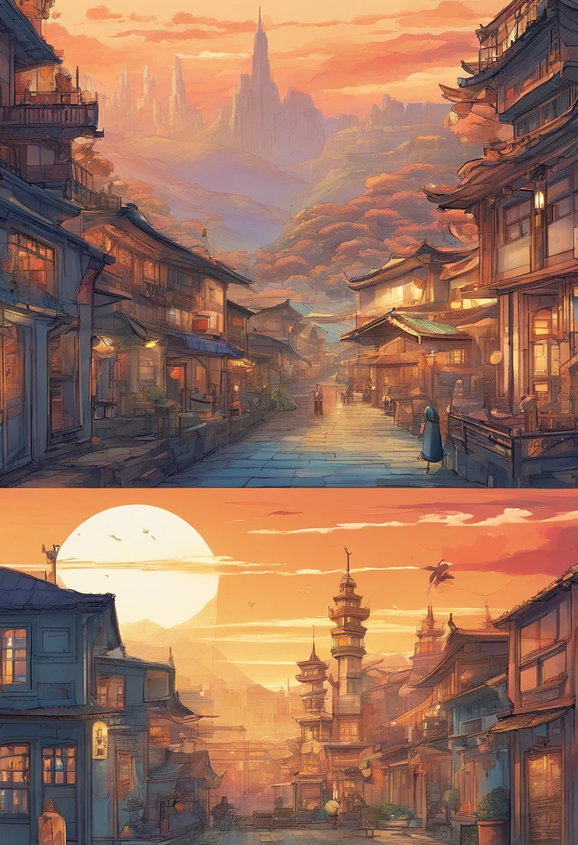 comic strip，Hong Kong comic book style，Fengyun comic style，（（（Cartoon Split））），（（（Comic storyboard））），Two-dimensional picture，Estilo de Makoto Shinkai，Makoto Shinkai manga art，teens girl，The narrow streets of the town，starrysky，vibrant with colors，Hyper-realistic，Ultra photo realsisim，super-fine，Smooth lines，high qulity，8K，tmasterpiece