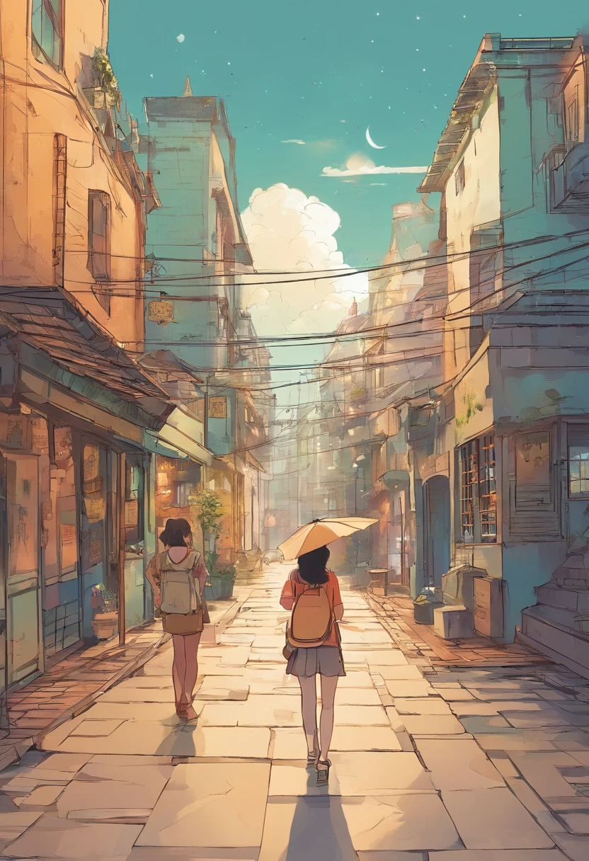 comic strip，Hong Kong comic book style，Fengyun comic style，（（（Cartoon Split））），（（（Comic storyboard））），Two-dimensional picture，Estilo de Makoto Shinkai，Makoto Shinkai manga art，teens girl，The narrow streets of the town，starrysky，vibrant with colors，Hyper-realistic，Ultra photo realsisim，super-fine，Smooth lines，high qulity，8K，tmasterpiece