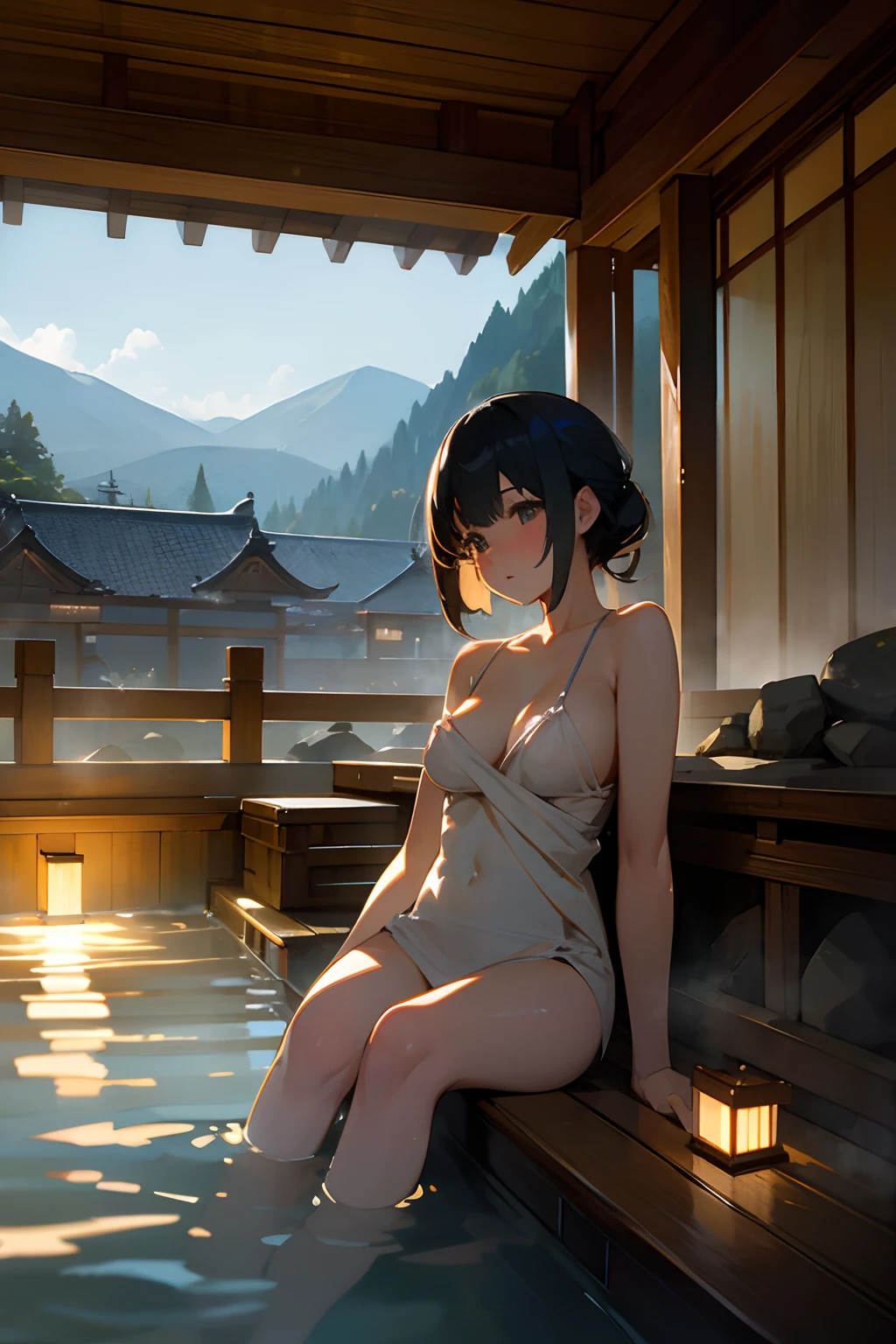 Cinematic Photography , ​masterpiece、(hot onsen)、Superb view、Woman relaxing in hot spring、Mystical light