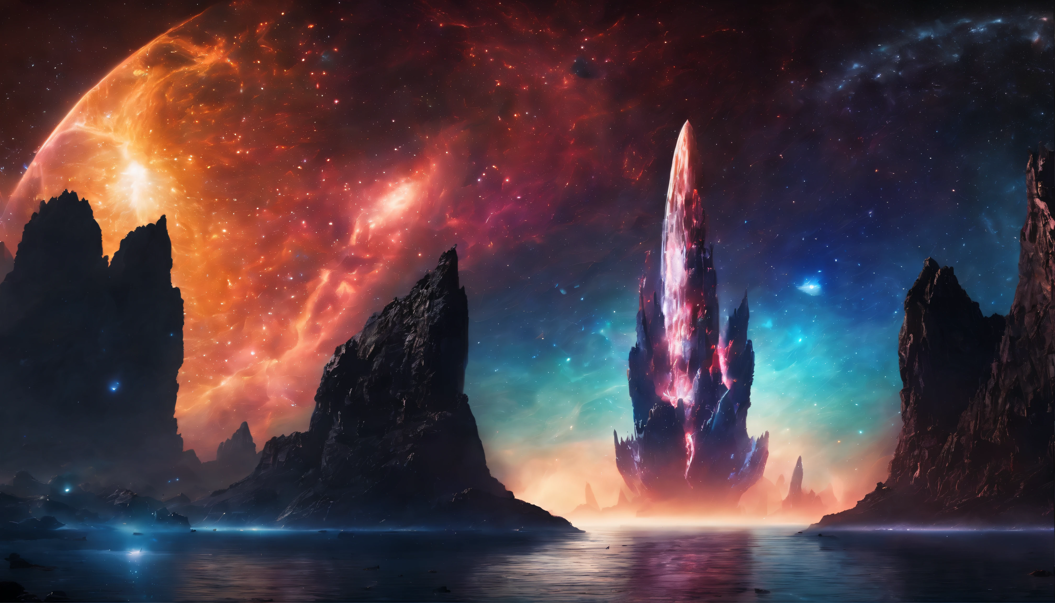 Cosmic titan emerging from nebulae in outer space and rising above the horizon,(melhor qualidade,4k,8k,Altas,master part:1.2),ultra-detalhado,(Realistic,fotorrealista,photo-realistic:1.37),Dreamlike nebulae,A majestic cosmic titan with immense power emerges from colorful, spinning nebulae deep in outer space. Its massive shape glows with vibrant colors and is surrounded by strands of stardust. The titan rises above the horizon, casting a soft glow as he ascends the celestial expanse. Rays of light pass through the cosmic atmosphere, Illuminating the intricate and detailed features of the Titan. Seus olhos, Profundo e misterioso, transmitem sabedoria antiga enquanto olham para o cosmos infinito. The titan's muscular and inspiring physique exudes strength and dominance, reflecting its cosmic origins. As he stretches out his colossal arms, Celestial energy snaps and dances around your fingertips, radiating power and energy. As nebulosas circundantes continuam a girar, Creating a mesmerizing display of cosmic beauty. The overall scene is bathed in a surreal and ethereal atmosphere, Increasing the dreamlike quality of the emergence of the cosmic titan. As cores mudam e se misturam harmoniosamente, creating a captivating palette of cosmic tones. Lighting accentuates the shape of the titan, highlighting every intricate detail and creating a sense of depth and dimension. The interaction between light and shadow further enhances the realism and depth of the composition. This work of art is a masterpiece of cosmic art, Capturing the grandeur and majesty of the cosmic titan as it emerges from the nebulae and ascends to new celestial heights.