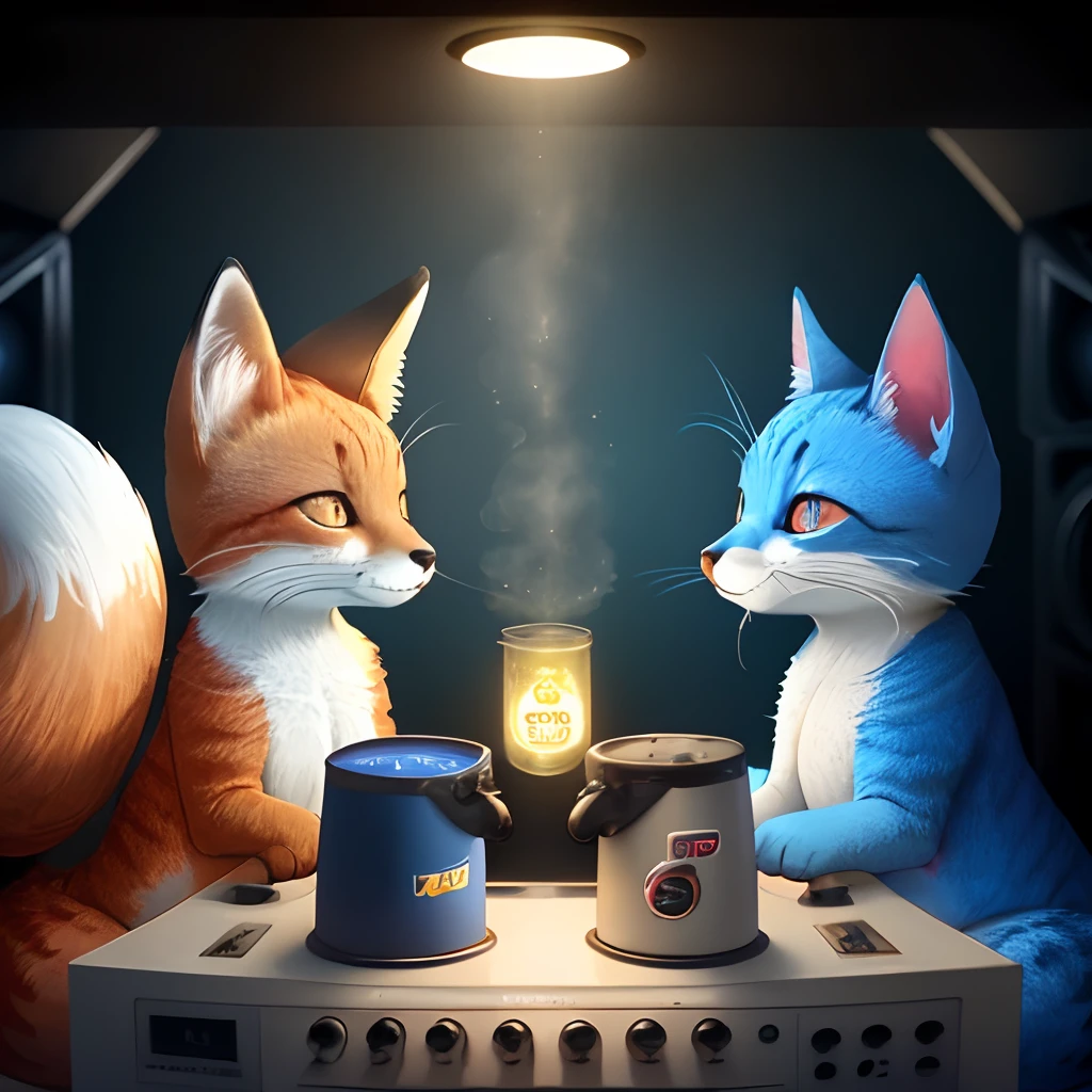 Red fox and blue cat having a purification session, 4k, 1:1, rap studios
