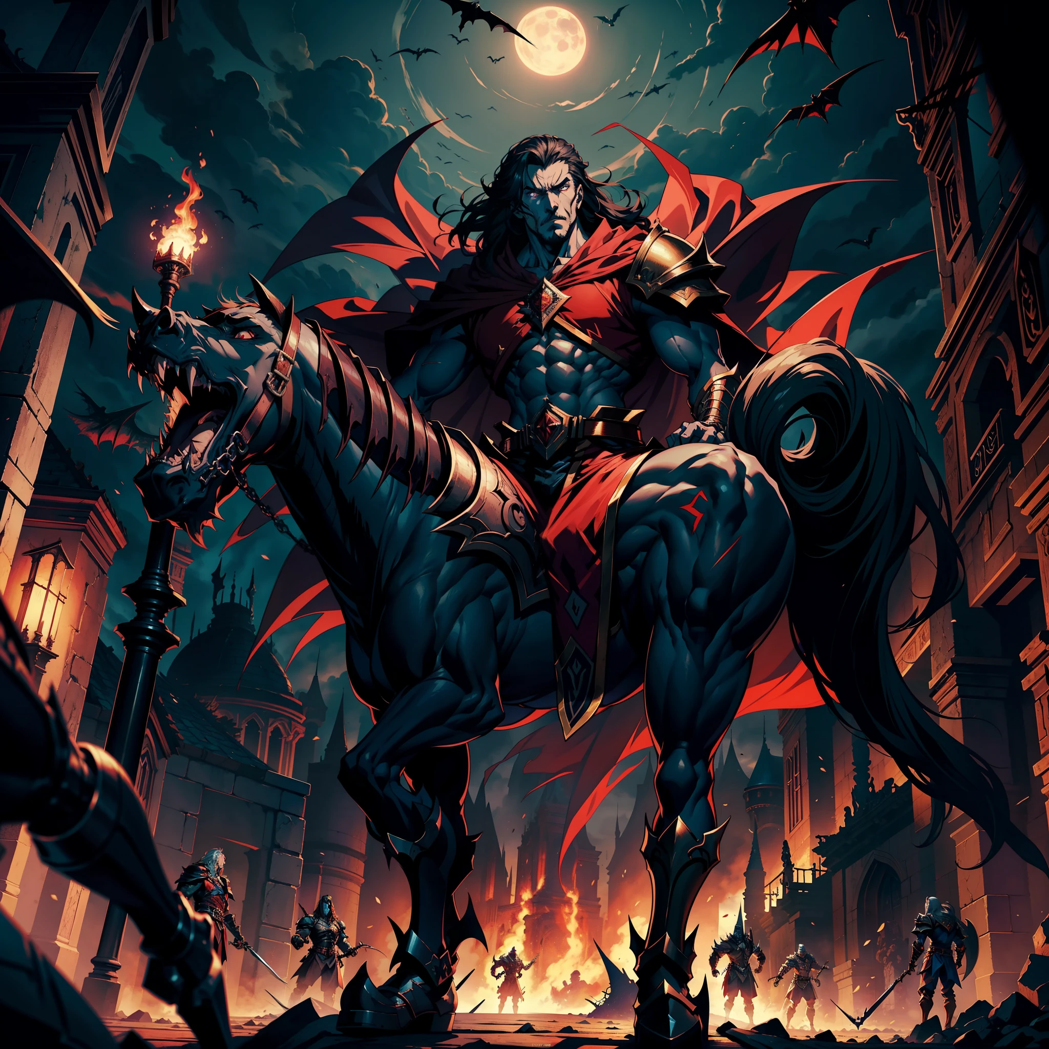 Castlevania Shadow Lord hyper realistic super detailed Lord Dracula handsome muscular wearing angry Islamic armor leading troops army of demons to battle 3points perspective view bottom shot hyper realistic super detailed Dynamic shot Cinematic scenes from the movie Characters