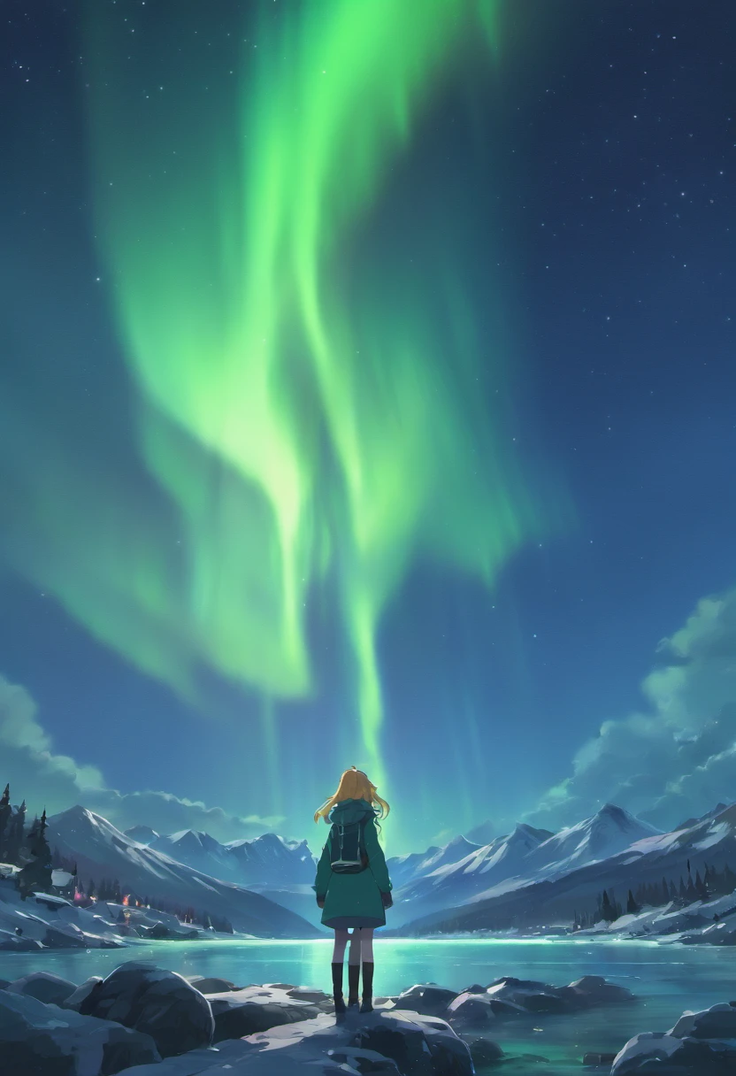 8K, Raw photo, Best Quality, masutepiece,Realistic, Photorealsitic,Clear focus ,Professional Lighting,Front lighting,BRAEK,Aurora borealis reflected in the water、I drilled a hole in a mountain lake, Aurora Borealis, Aurora Borealis in the Sky, Aurora Borealis in the Sky, Aurora Background, Aurora, Dramatic Northern Lights, rainbow aurora, Aurora Borealis in the background, North light background, With the Northern Lights in the Sky, Aurora Borealis in Space, beautiful wallpaper beautiful ager in her room in the city waring earpads studding a book computer infront stars in window at night time hyper realistic,8k,ultra detailed hd,pixar style,high definition,16:9