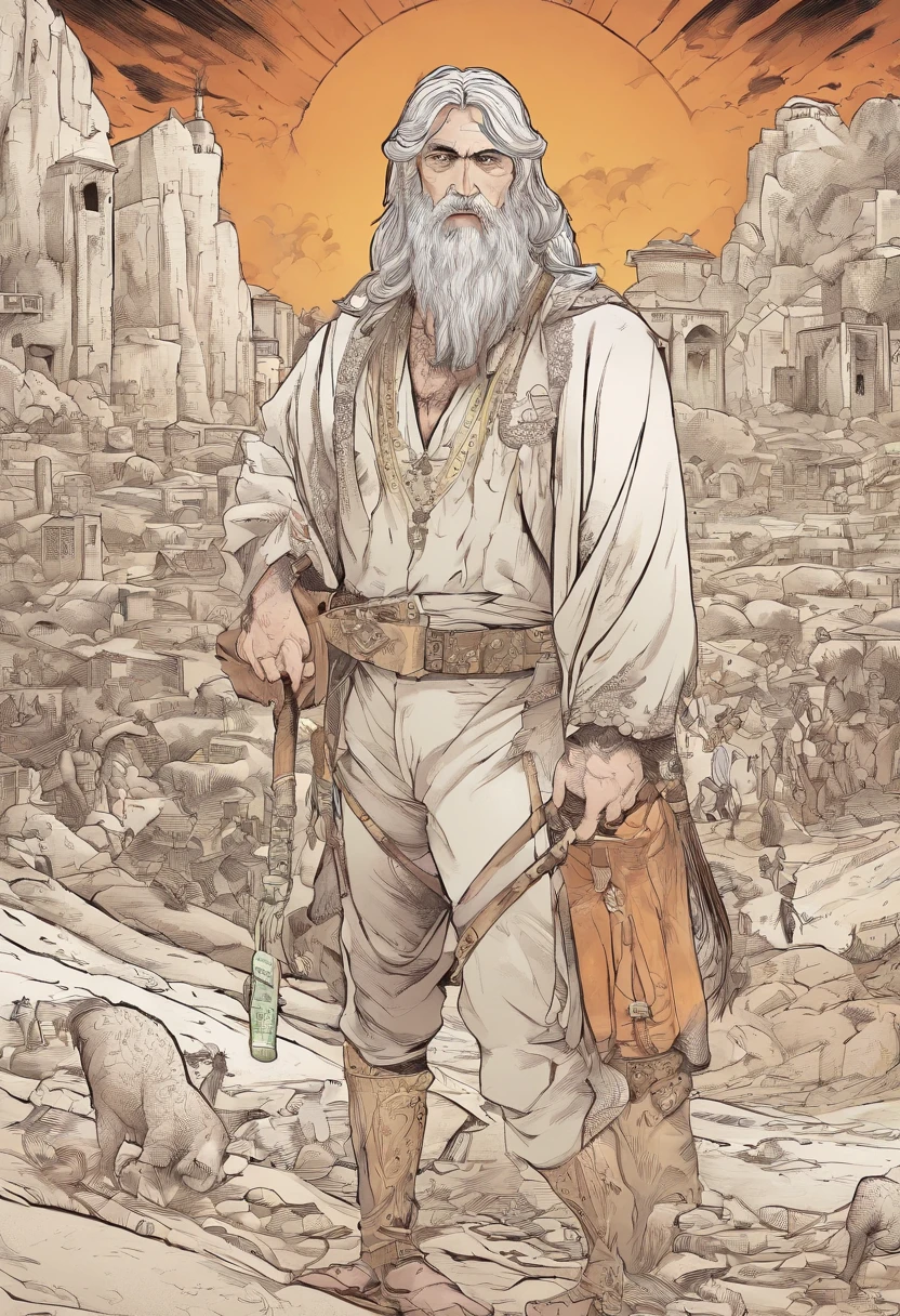 MILHARES DE PESSOAS COM MANTOS MARRONS E PALAVRAS TATUADAS PELO CORPO NO DESERTO, FOLLOWING A MAN LIT UP IN THE MIDDLE WITH BLACK EYES LONG BLOND HAIR CARRYING A BIBLE SPECK