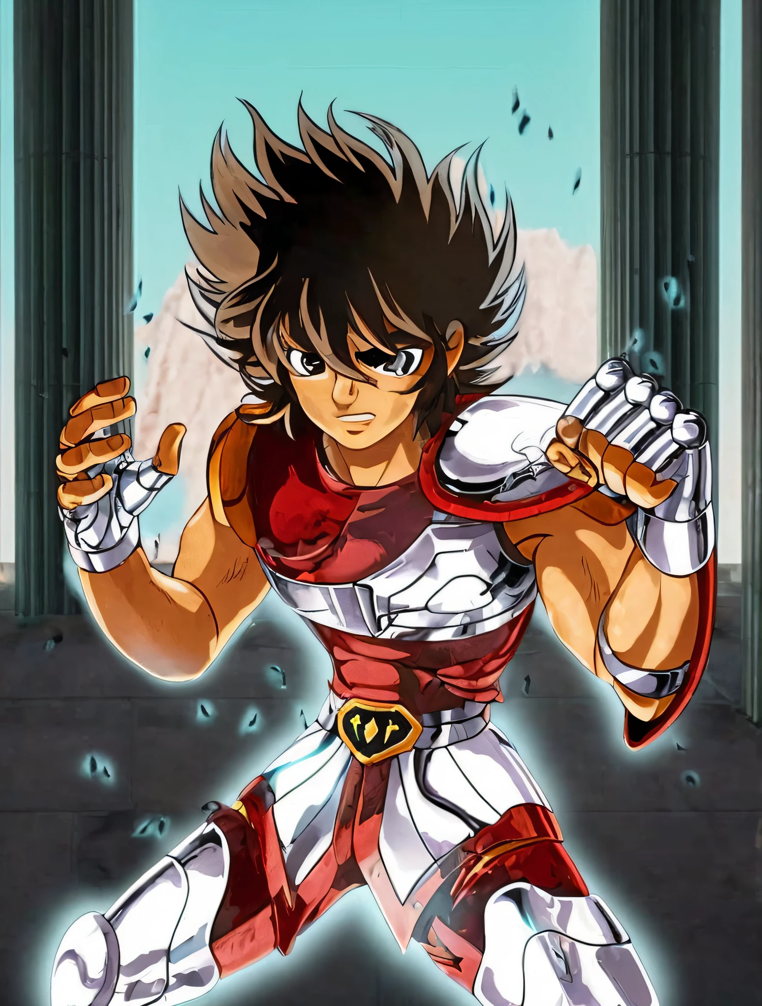 Imagine a knight, Seiya of Pegasus, played by ((Tom Cruise)). Ultra-realistic 8k, extremely detailed. metallic armor, ray tracing effect, faithful to the original material. Breathtaking visual effect, nostalgic epic.