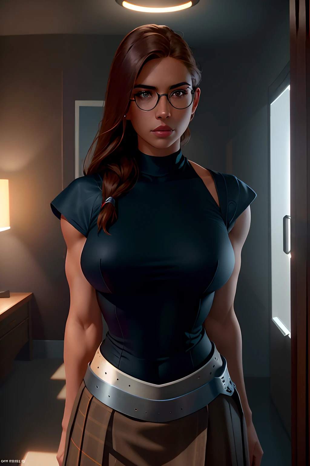 deep shadow, sinister, award winning photo, best quality, masterpiece, upper body, woman, tan skinned, muscular, glasses, freckled face, windblown brunette hair, deep brown eyes, modern bodycon dress, by nikon d850 film stock photograph 4 kodak portra 400 camera f1.6 lens rich colors hyper realistic lifelike texture dramatic lighting unreal engine trending on artstation cinestill 800, fisheye lens, Style-Kilt,