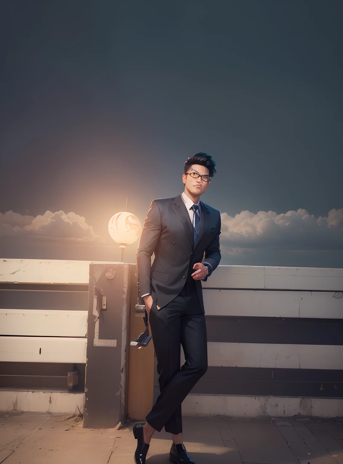 (Masterpiece), (Extreme Quality), (Super Meticulous), (Full Body: 1.2), Super Young Man, Chinese Dragon, Tiger, Wind God Thor, Sexy, Bursting, Oriental Face, TV Anchor, Bust Portrait Illustration, Black Formal Suit, Blue Tie, Slightly Chubby Face, Silver Glasses, Very Clean Face, No Beard on Chin, Black Super Short Hair, Black Eyes, Confident Smile, 3c Computer Sub-Products, iPad, iPhone, Digital Painting, 3D Character Design by Mark Claireden and Pixar and Hayao Miyazaki and Akira Toriyama, The illustration is a high-definition illustration in 4K resolution with very detailed facial features and cartoon-style visuals,keep the face same and high detailed,must keep the face same and high detailed