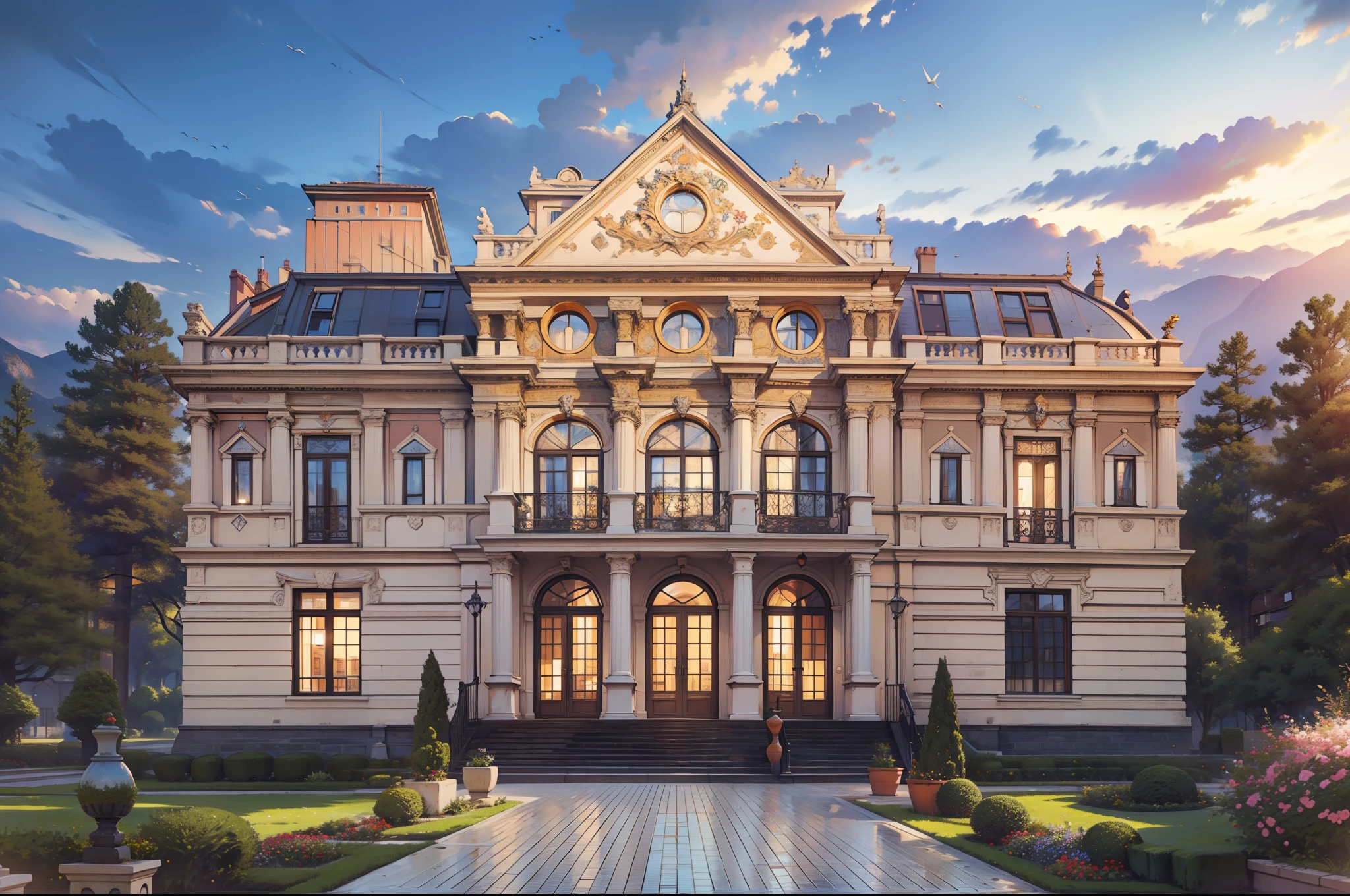 ((realistic: 1.5)),((best quality)), ((masterpiece)),((detailed)), stylize this three-story building in the style of Jugend architecture, colorful, new private house, daytime, spring --ar 3:2