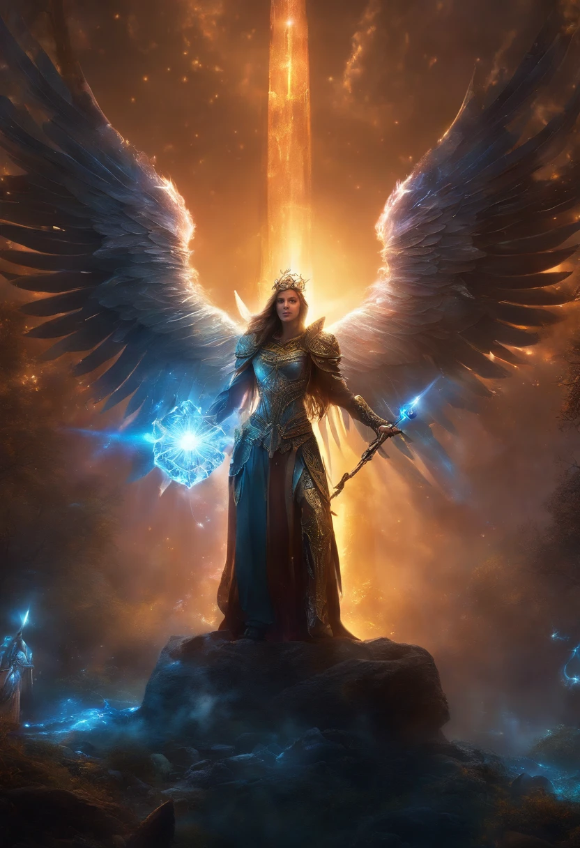 Angel, glowing light eyes, four winged, glowing wings, sleek fantasy armor, conjuring falling spears of light, radiant, majestic, floating over wrecked graveyard, Very bright colors, Light particles, with light glowing, Mshiff, wallpaper art, UHD wallpaper