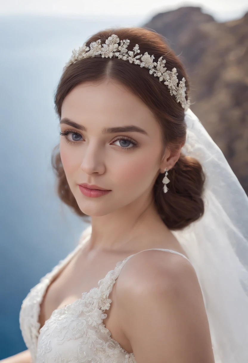 1 beautiful girl, wedding, (photo realism: 1.3) Standing shot, Santorini, standing in front of (Blue Sea), white wedding gown, Wedding decoration, Masterpiece, diffused soft light, Portrait, Best Quality, (a perfect face: 1.4), Hyper-realistic high detail, Sophisticated, realistic simulation-style photos, movie lighting, Studio footage, Elegant poses, (upper-body)