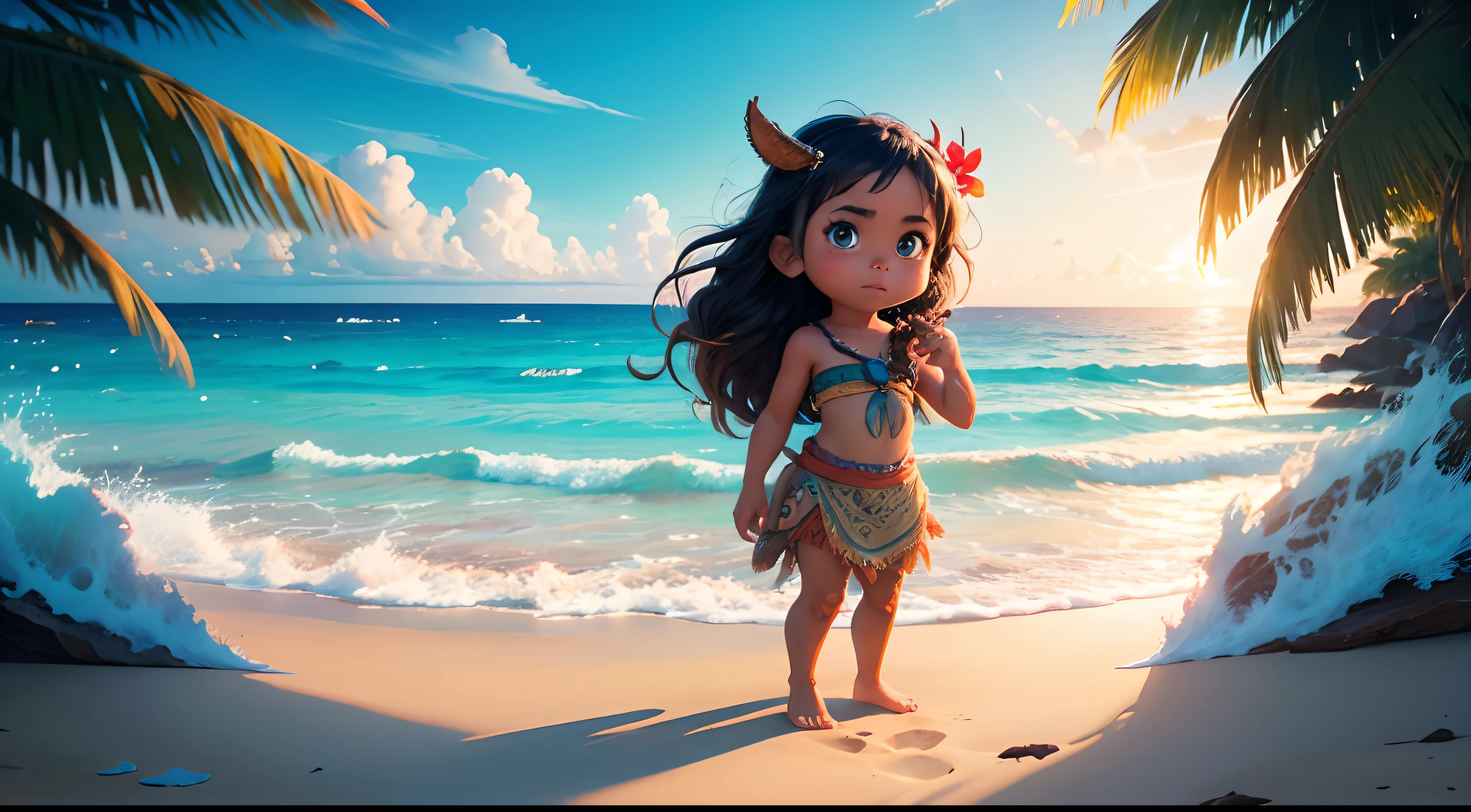 thumbnail, moana, , style moana movie, animation, goddess of fire and water, beach, horizon, monster water