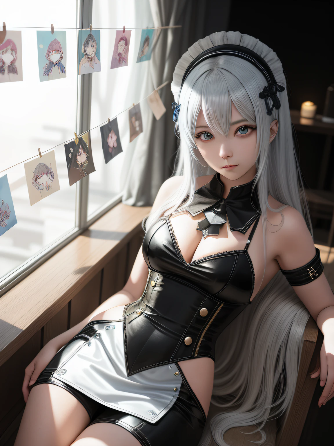 a 15-year-old woman with long, straight platinum white hair and eyes blue, ella esta de pie en una utopia hermosa, tiene rostro tierno y fino, con una ligera sonrisa, tiene traje de Shermie de KOF, cosplay de Shermie de KOF, tetas grandes, tiene ojos color azul, ella tiene caderas amplias, big ass, tiene ojeras de gato, sombreado de anime, Chica anime, sombreado de anime), inspirado por Leiko Ikemura, Misa Amane *, boceto de anime, inspirado por Rei Kamoi, Un dibujo de anime, Una chica de anime, Sin sombreado, Anime woman, inspirado en Chiho Aoshima, Personaje de anime, sombreado!!!, Anime style
