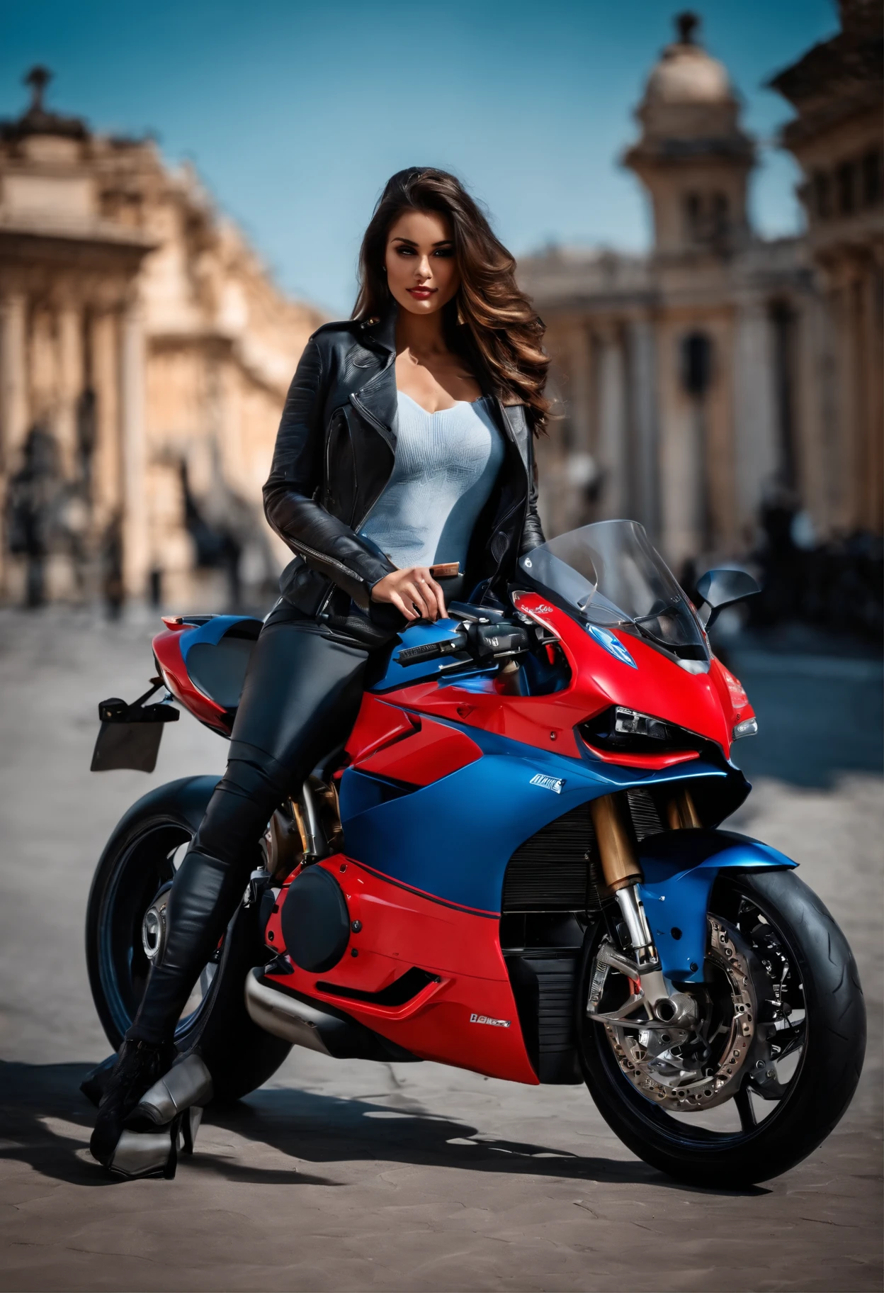 Ducati bike with a girl sitting on it. Girl realistic face,hot girl , blue colour bike