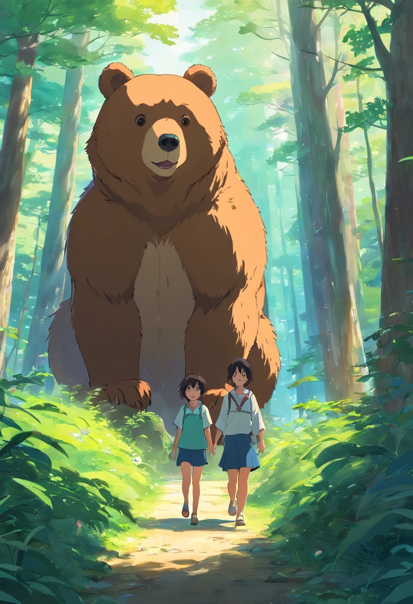 Menina e filhote de um urso perto de uma fogueira no meio da floresta