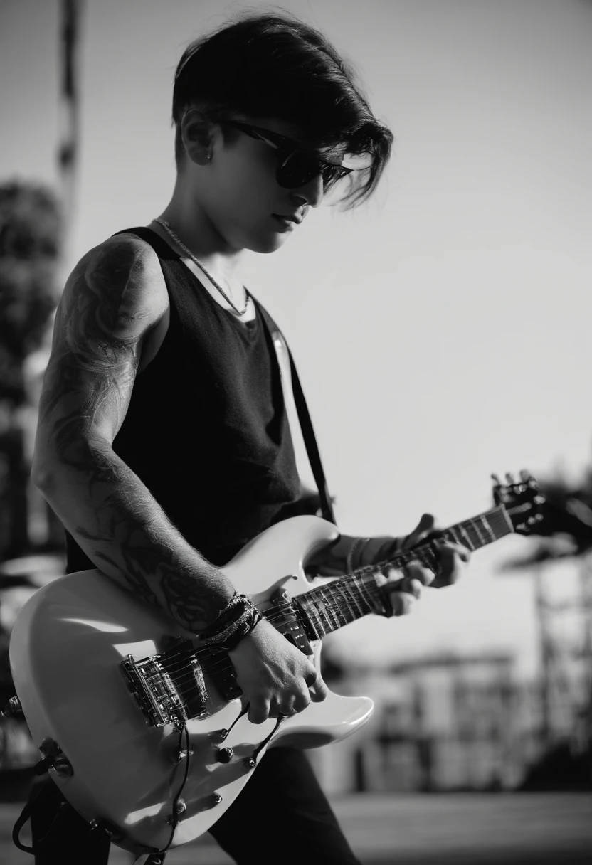 coll boy playing electric guitar,Calm person, electric guitar solos, tattooed arms, black and white contrast, dynamic shots, music rhythms, guitar strings vibrating, stage monitor speakers, electric guitar distortion, electric amplifier stacks, passionate musician,