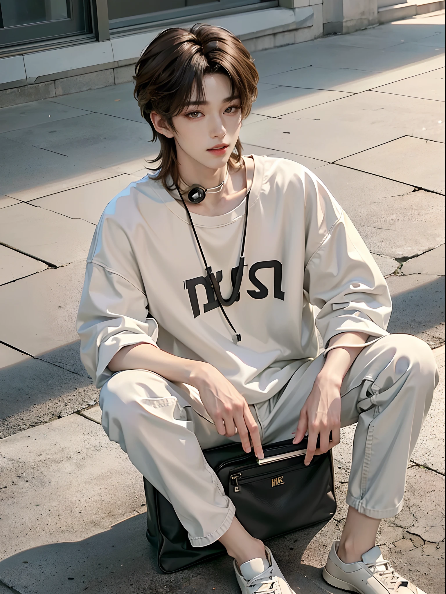 ((4K works))、masterpiece、(top-quality)、((high-level image quality))、((One Manly Boy))、Slim body、((Attractive and sexy fashion))、((Men's Fashion))、((Holding a backpack and iPhone in hand))、(Detailed beautiful eyes)、In a fashionable city、Sitting on the curb and listening to music、Face similar to Chaewon in Ruseraphim、((short hair above the ears))、((Smaller face))、((Neutral face))、((Light brown eyes))、((Korean boy))、((18year old))、((Handsome man))、((Teeth and smile expression))、((Korean Makeup))、((elongated and sharp eyes))、((photo of a model))、((Like a celebrity))、Professional Photos、((Shot alone))、((Sitting on the curb and listening to music through headphones))、((He sits in front of the viewer))、((Shot diagonally up from the front))、((Hold your iPhone in your hands、Look at your iPhone screen))