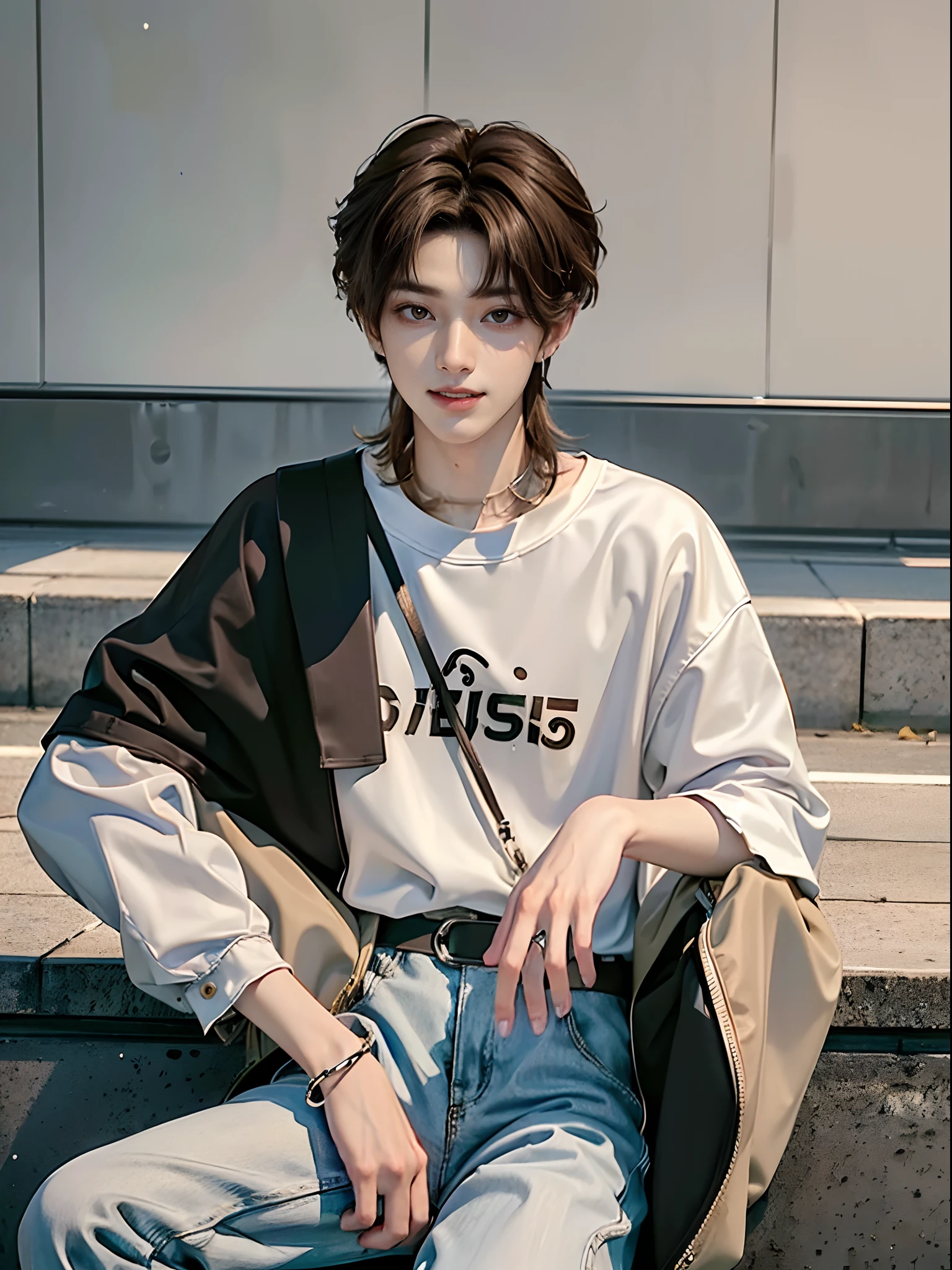((4K works))、masterpiece、(top-quality)、((high-level image quality))、((One Manly Boy))、Slim body、((Attractive and sexy fashion))、((Men's Fashion))、((Holding a backpack and iPhone in hand))、(Detailed beautiful eyes)、In a fashionable city、Sitting on the curb and listening to music、Face similar to Chaewon in Ruseraphim、((short hair above the ears))、((Smaller face))、((Neutral face))、((Light brown eyes))、((Korean boy))、((18year old))、((Handsome man))、((Teeth and smile expression))、((Korean Makeup))、((elongated and sharp eyes))、((photo of a model))、((Like a celebrity))、Professional Photos、((Shot alone))、((Sitting on the curb and listening to music through headphones))、((He sits in front of the viewer))、((Shot diagonally up from the front))、((Hold your iPhone in your hands、Look at your iPhone screen))