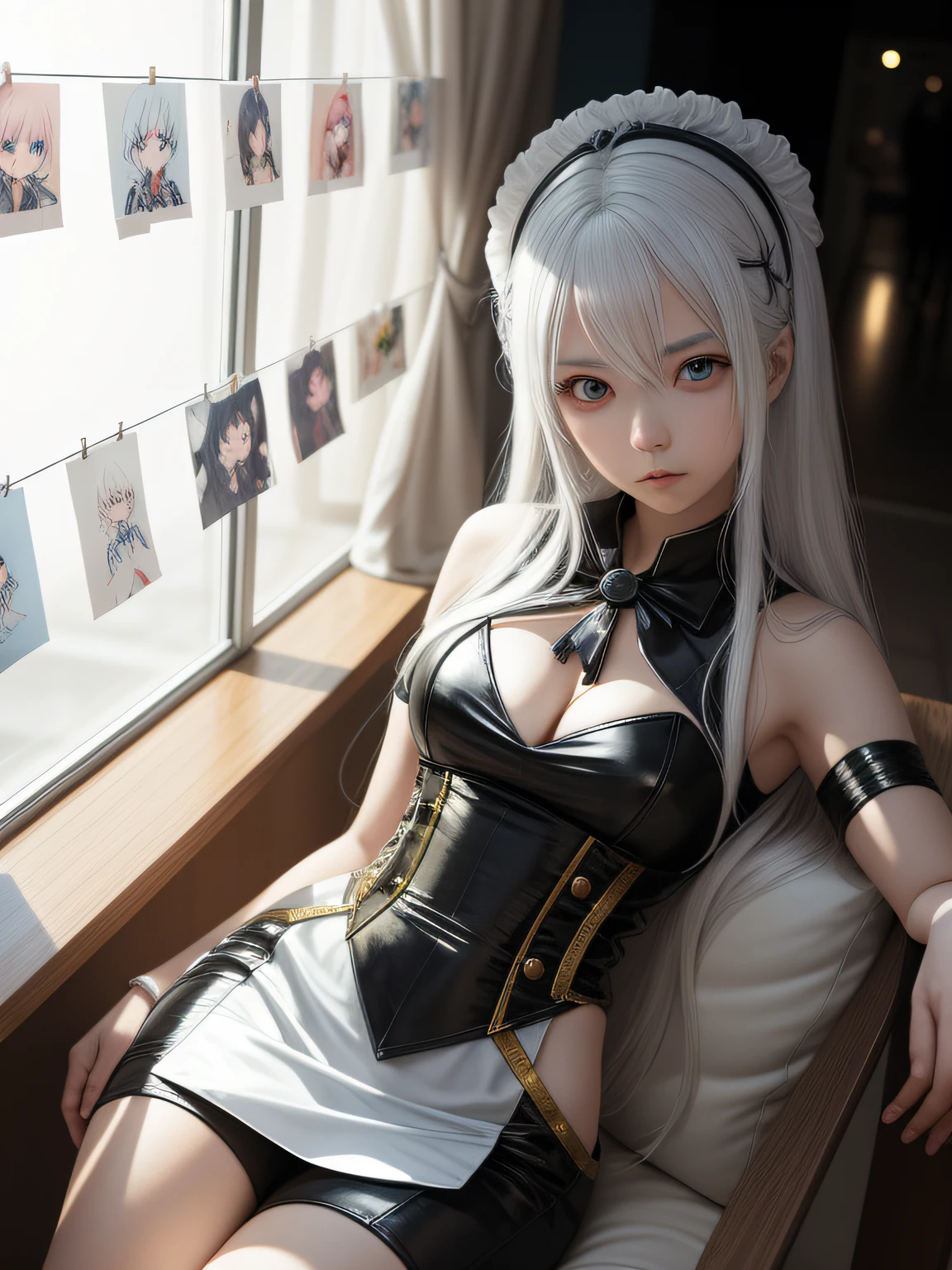 a 15-year-old woman with long, straight platinum white hair, traje de Shermie de KOF, cosplay de Shermie de KOF, tetas grandes, tiene ojos color azul, ella tiene caderas amplias, big ass, tiene ojeras de gato, sombreado de anime, Chica anime, sombreado de anime), inspirado por Leiko Ikemura, Misa Amane *, boceto de anime, inspirado por Rei Kamoi, Un dibujo de anime, Una chica de anime, Sin sombreado, Anime woman, inspirado en Chiho Aoshima, Personaje de anime, sombreado!!!, Anime style