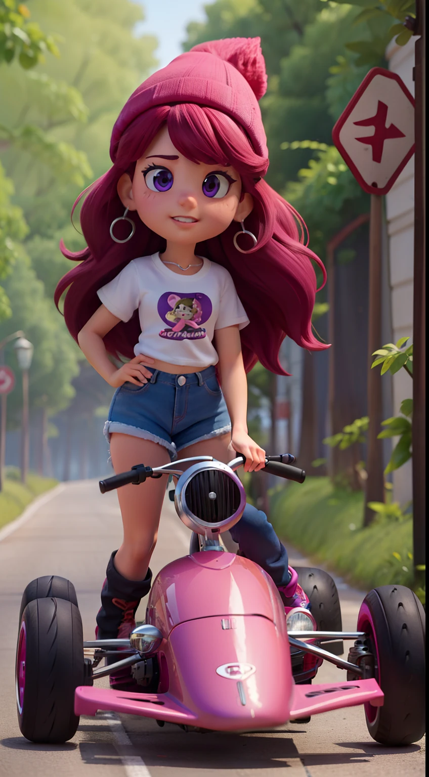 1chicas hermosa con cabello largo rosa con orejas de gato rosa (cabello color rosa) ojos color violeta, con ropa deportiva tipo de carreas arriba de un automovil estilo cartoon color morado con toques rosas y de fondo en una autopista estilo cartoon muy similar a CTR de crash team racing, con un toque muy disney, autos de carreras, arriba de un auto, fondo en un bosque con carretera, auto color morado con verde
