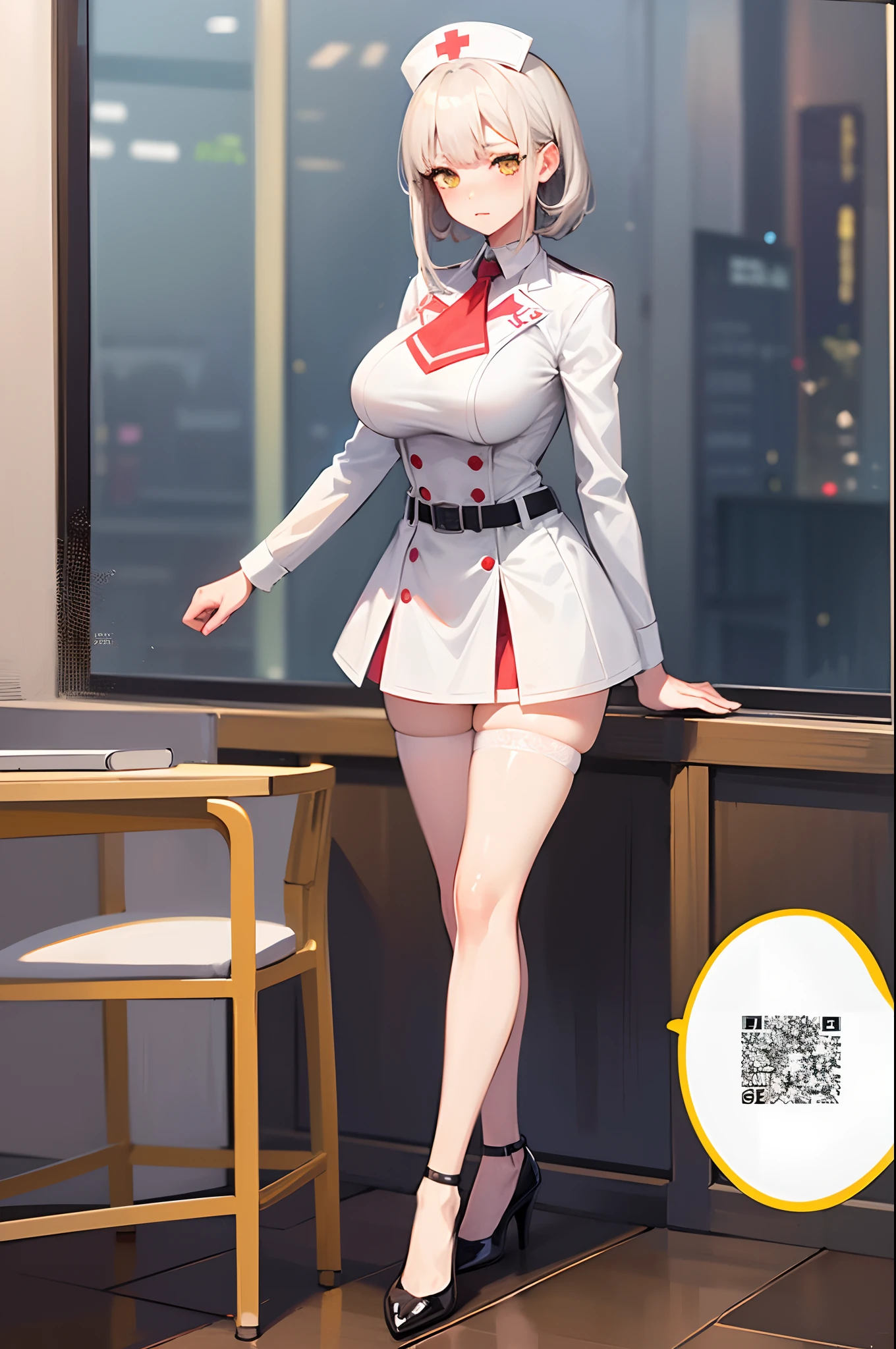 Nurse outfit, masterpiece, highly detailed, ultra detailed, best quality, highest quality, anime, girl, shy, embarrassed expression, short white hair, hugebreasts, blushing, highly detailed background, thin, white gloves, yellow eyes, (office background), (high quality background:1.4), (highly detailed clothes:1.4), (detailed face and eyes:1.2), (spread legs), (standing), (in the window with a city background), smooth legs, fishnet stockings, high heels, (exposed breast), protruding nipples.