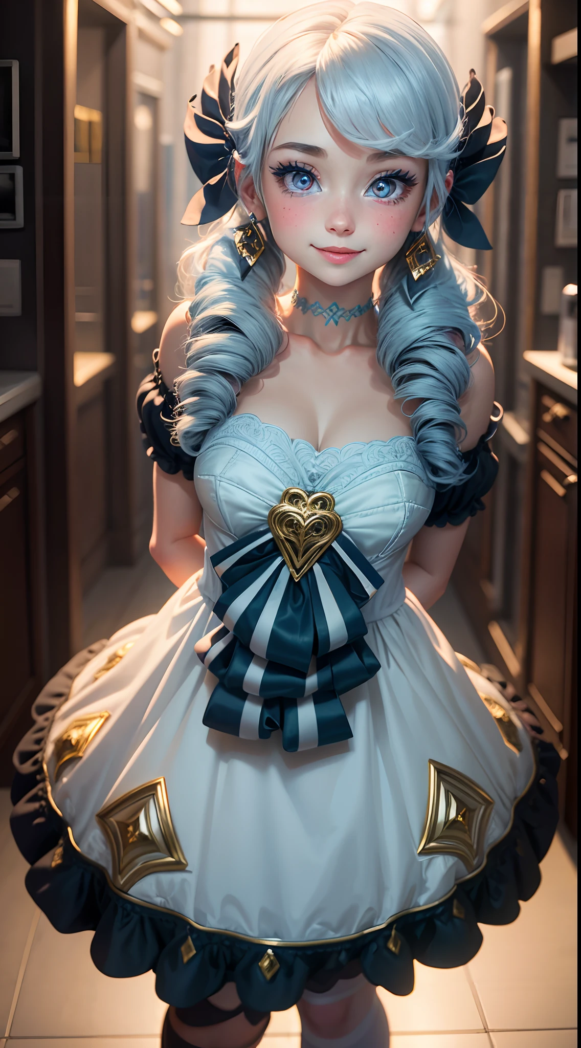 Seaside: 1.3, Cinema Lighting, Glitter, Light of God, Full Body Photo (from above), 16K, 8K, High Quality, Award-Award-Winning Award-Winning Skin, Best Quality, Textured Skin, A Girl (Mature Female), Maid Costume (Light Blue and White: 1.3), Hair Flower, Hair Bow, Lolita Headband, Heart-shaped Pupils, Glowing Eyes, Smile (Blush), Accurate Hand 1.3 (Right Hand, Delicate Hand), Right Hand Scissors (Light Blue, Clear Polymer), Left Finger Forward, Doll Tied Around the Waist: 1.3,