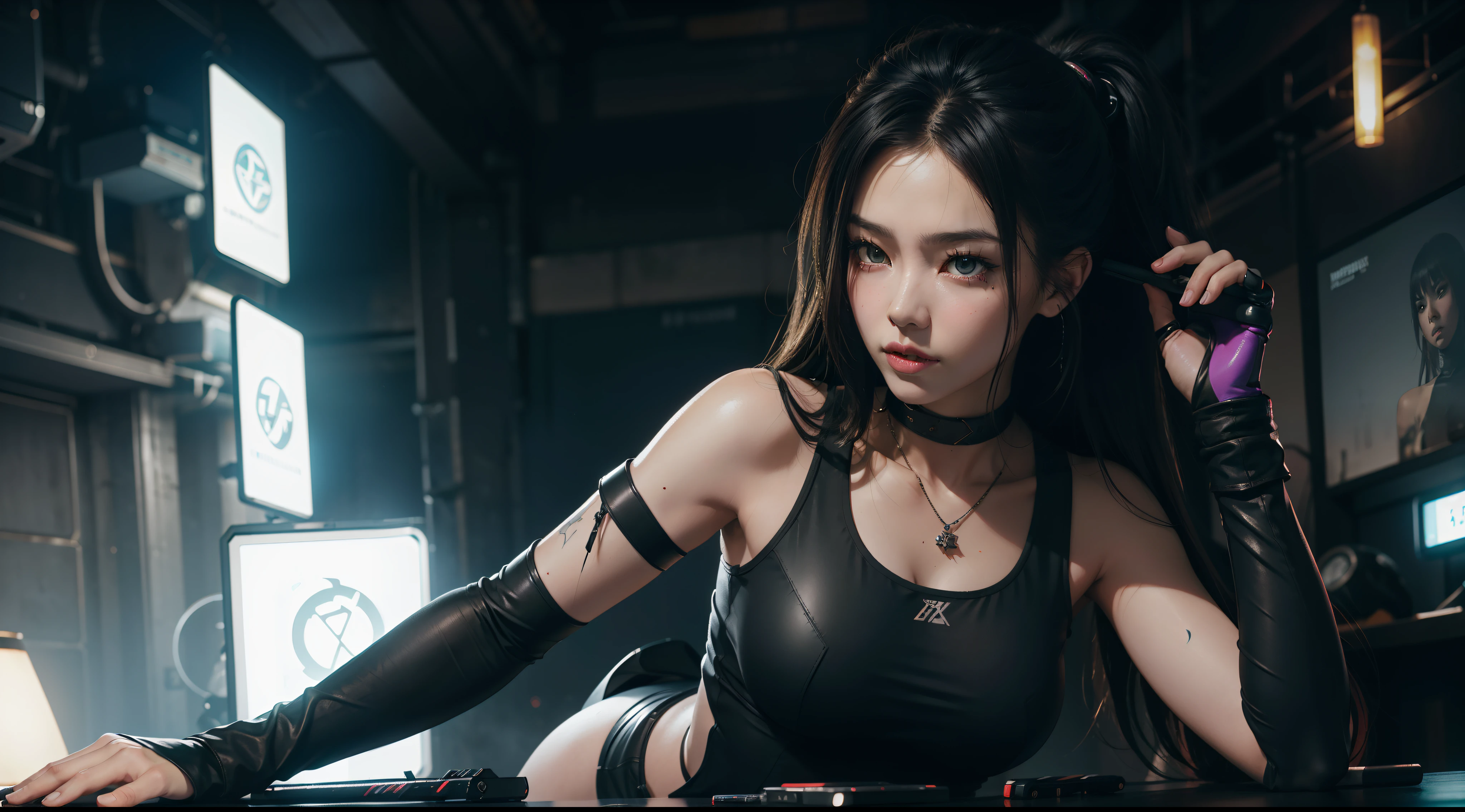 Beautiful hyper-realistic photo of a cute Asian cyberpunk girl, Tragen von Cyberpunk-Tanktop und Oberschenkelhose, Katana halten, bunter neonhintergrund, cluttered Blade Runner background, Dynamische Pose, Konzeptzeichnung, von Brian Froud und Carne Griffiths und Wadim Kashin und John William Waterhouse, Komplizierte Details, 8K-Postproduktion, high resolution, Super detailliert, Auf ArtStation im Trend, Scharfer Fokus, Studio-Fotos, Komplizierte Details, Depth of field, f/2.8, Filmische Ausleuchtung, Dunkle Schatten.