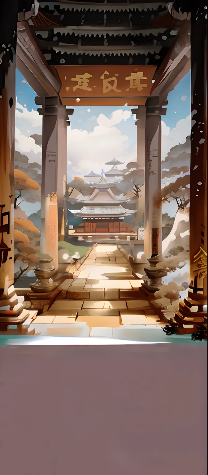 Draw temple landscape with sky background, palace background, Anime background art, Temple background, background depicting a temple, Anime landscape concept art, arte de fundo, mysterious temple setting, anime backgrounds, background artwork, Zen temple background, Anime landscapes, interior background art, Detailed scenery —width 672, library of ruina concept art, ancient ruins background